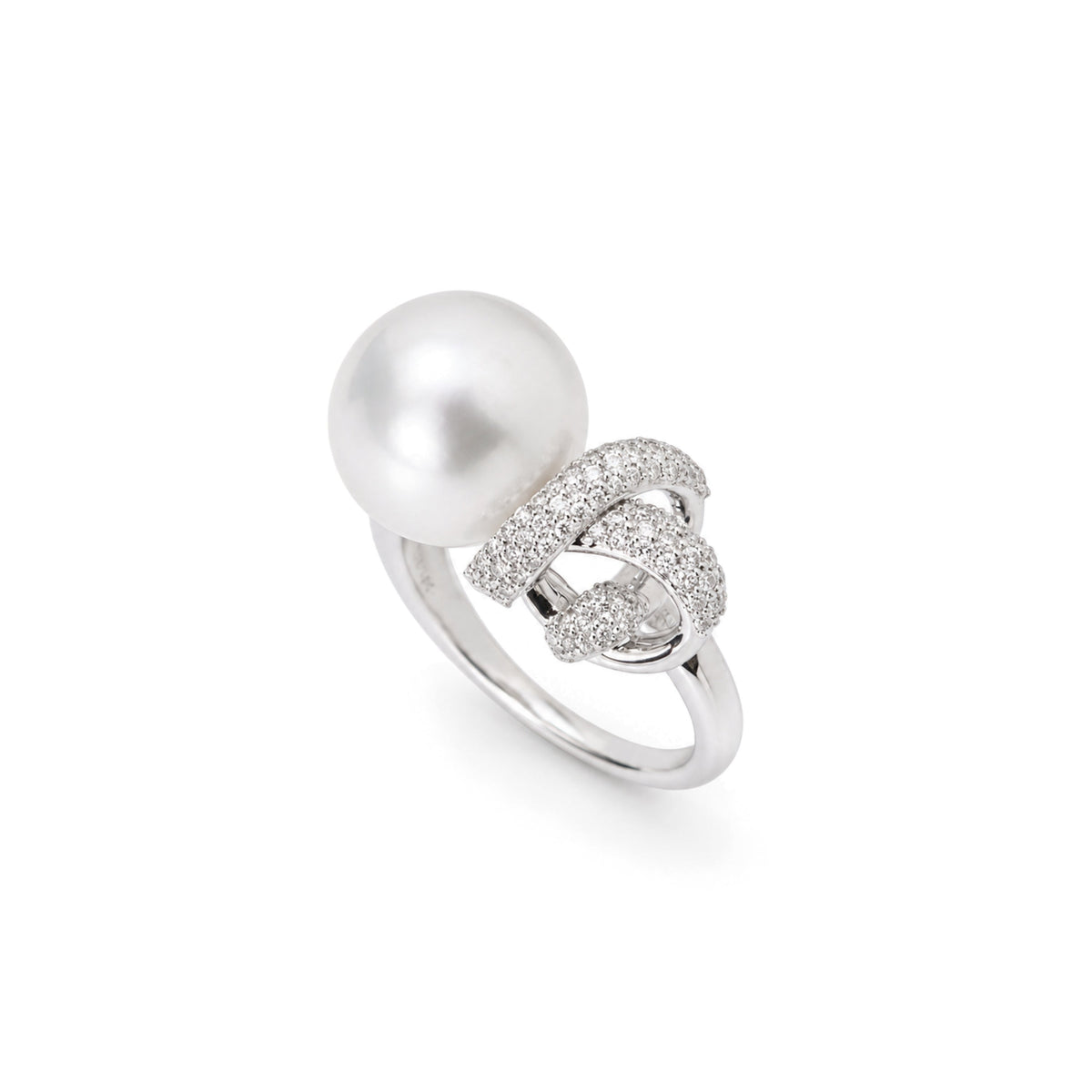 Anello Love Knot in oro bianco 18k con perla South Sea bianca 11 mm e diamanti — MIMÍ Milano