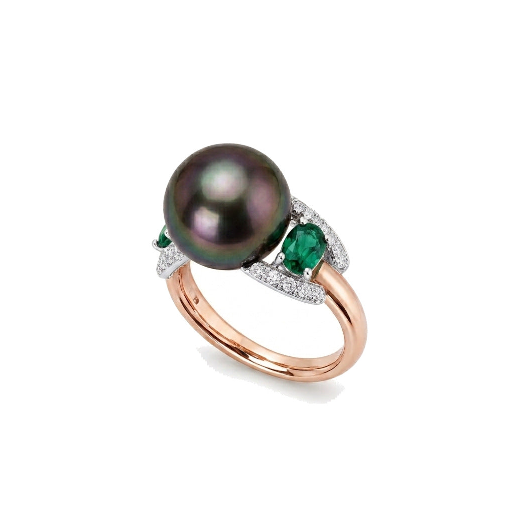 Anello Milano in oro rosa 18k con perla South Sea nera e smeraldo e diamanti — MIMÍ Milano