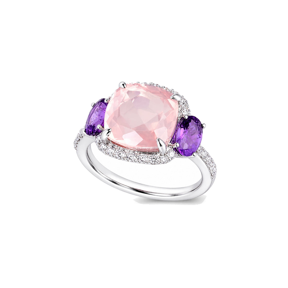 Anello Shanti in oro bianco 18k con ametista, quarzo rosa e diamanti — MIMÍ Milano
