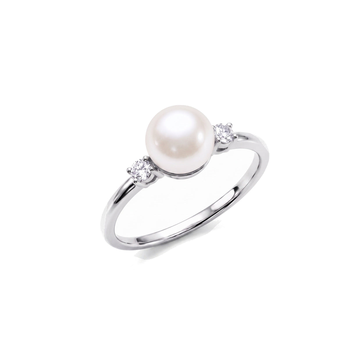 Anello solitario in oro bianco 18k con perla Akoya bianca 8-8,5 mm e diamanti — MIMÍ Milano