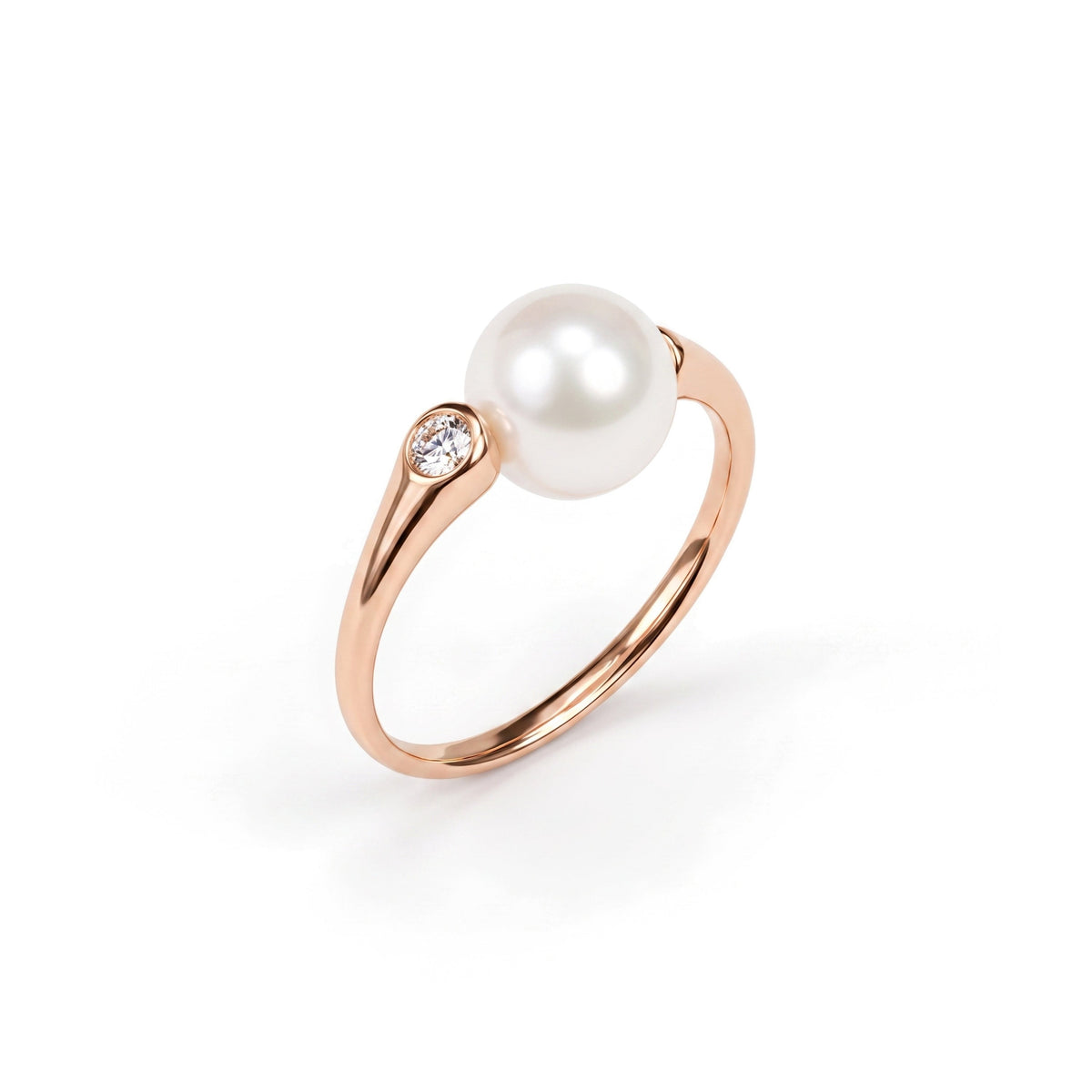 Anello solitario in oro rosa 18k con perla Akoya bianca e diamanti — MIMÍ Milano