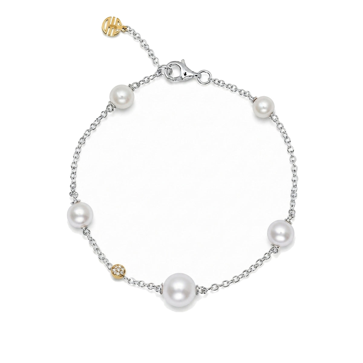 Bracciale in oro giallo 9k con perle Freshwater bianche 5,5-7 mm e diamanti — MIMÍ Milano