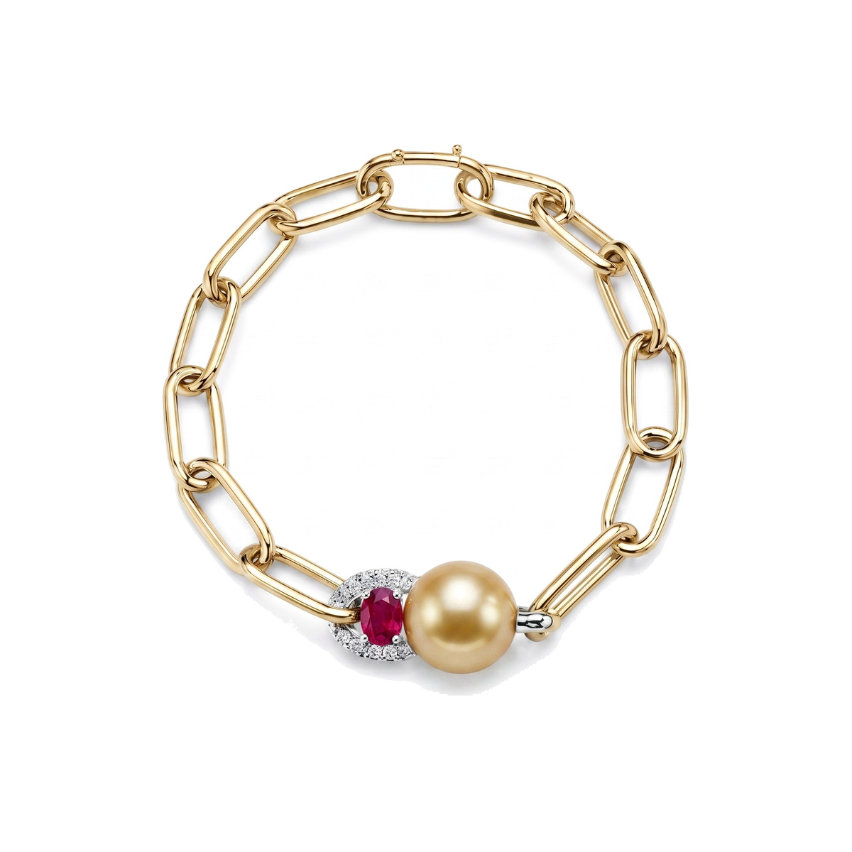 Bracciale Milano in oro rosa 18k con perle South Sea gold 12 mm e rubino e diamanti 22 cm — MIMÍ Milano