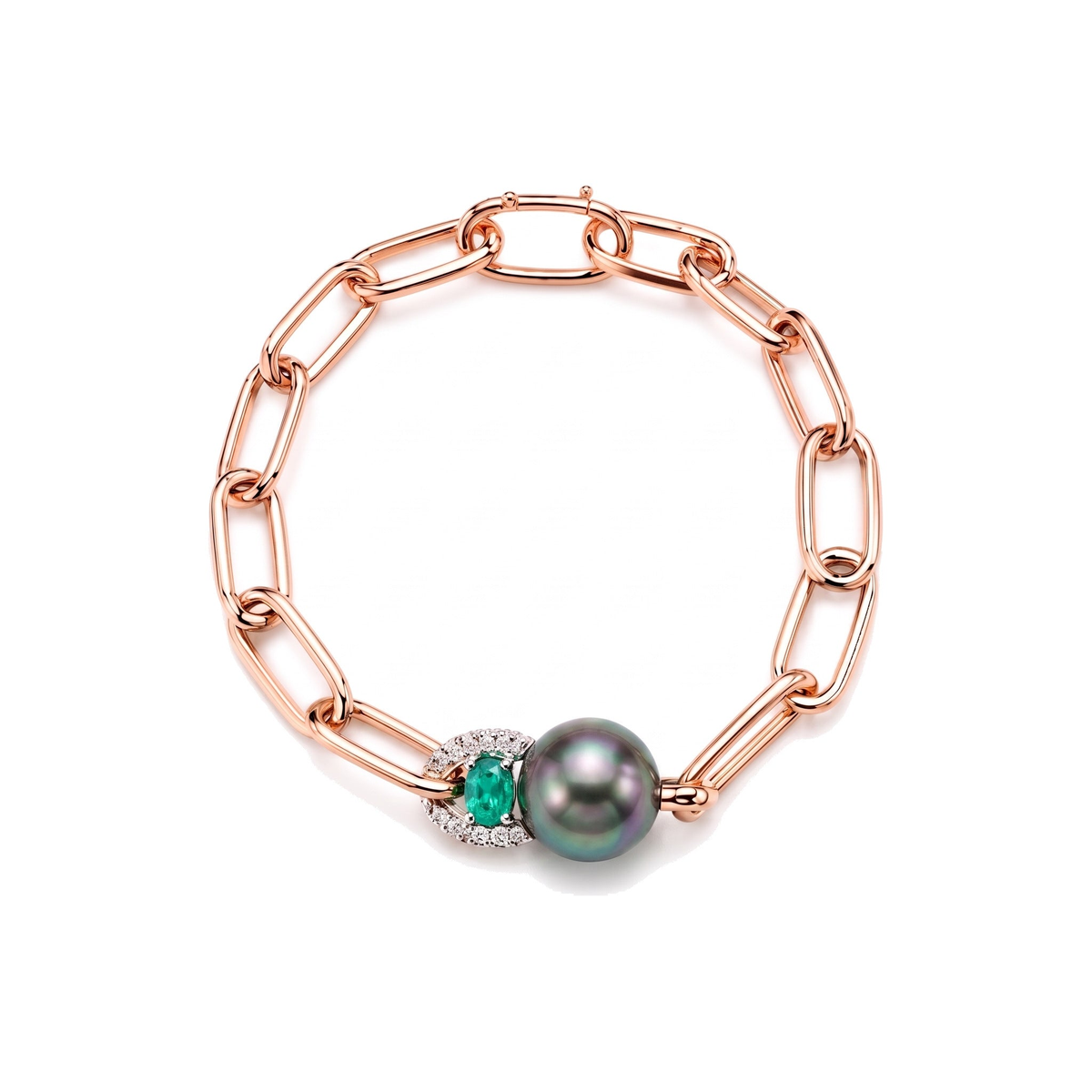 Bracciale Milano in oro rosa 18k con perle South Sea nere 12 mm e smeraldo e diamanti 22 cm — MIMÍ Milano