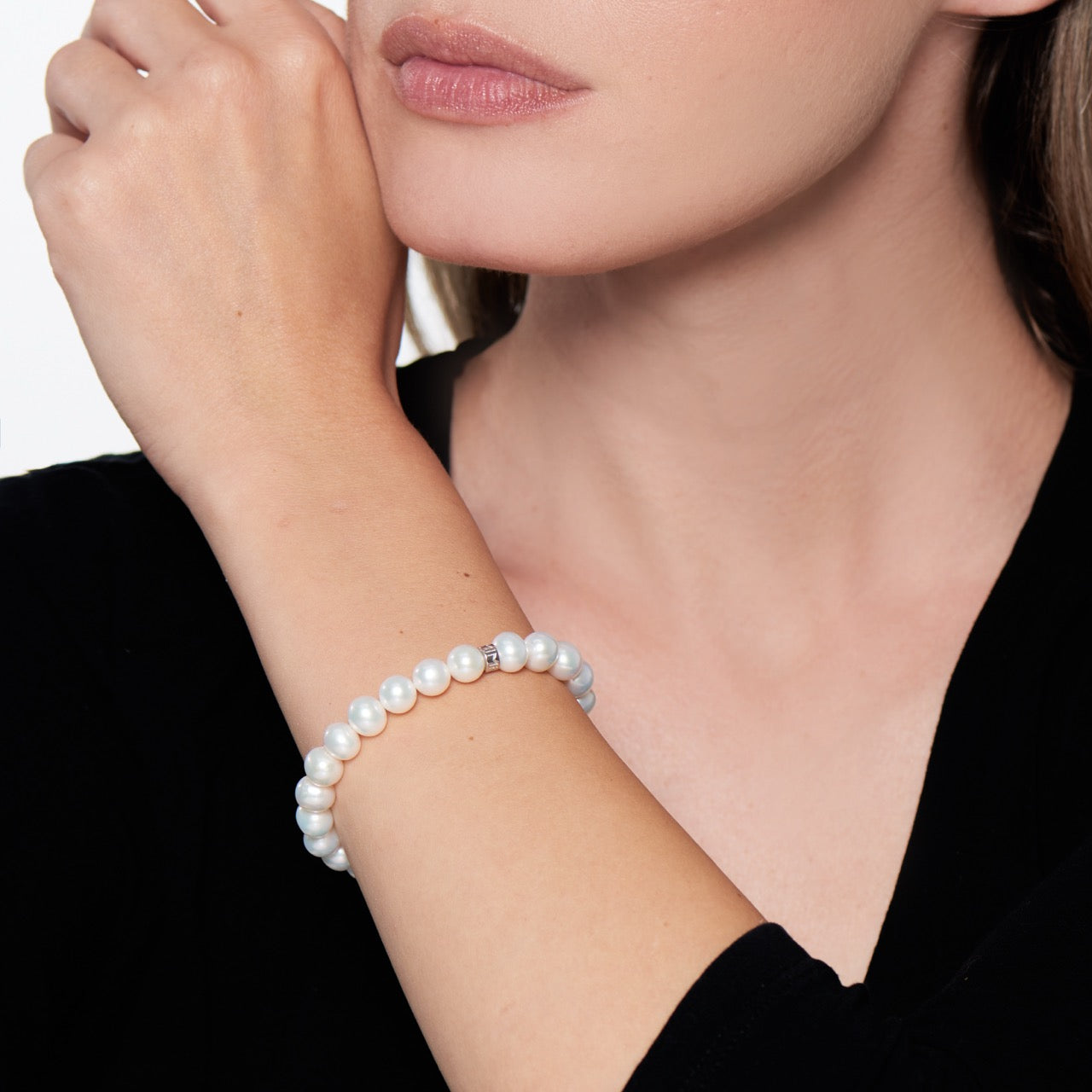 MIMI Bracciale Elastica con perle freshwater 7-8mm e rondella in argento 925