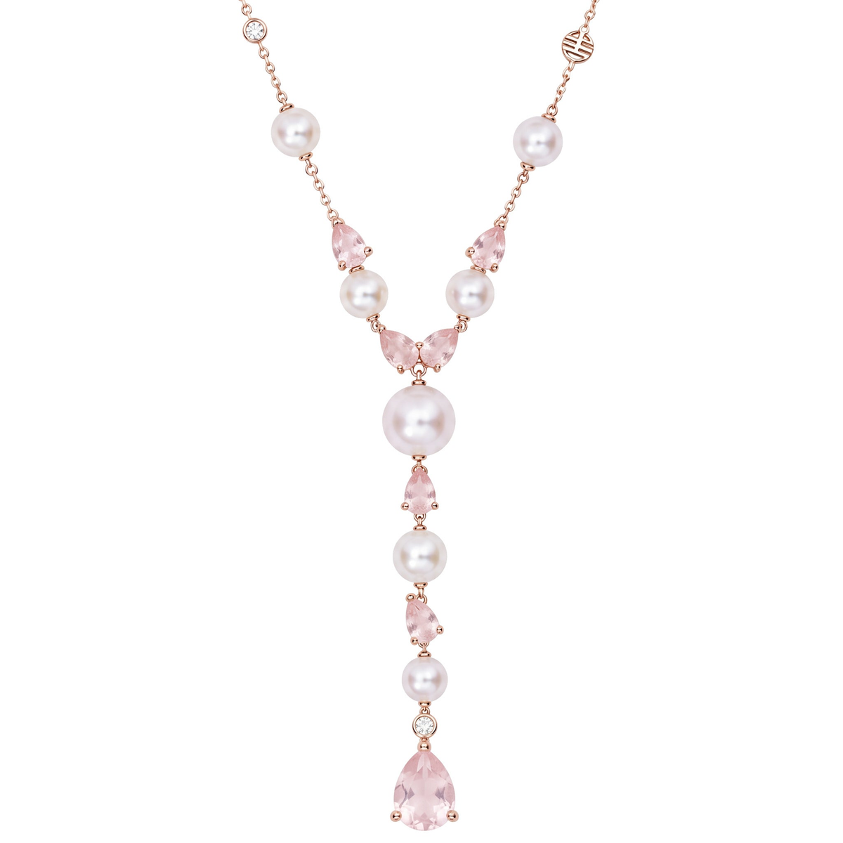 Collana a Y Cocktail in oro rosa 18k con perle Freshwater bianche 8-12 mm e quarzo rosa e diamanti — MIMÍ Milano