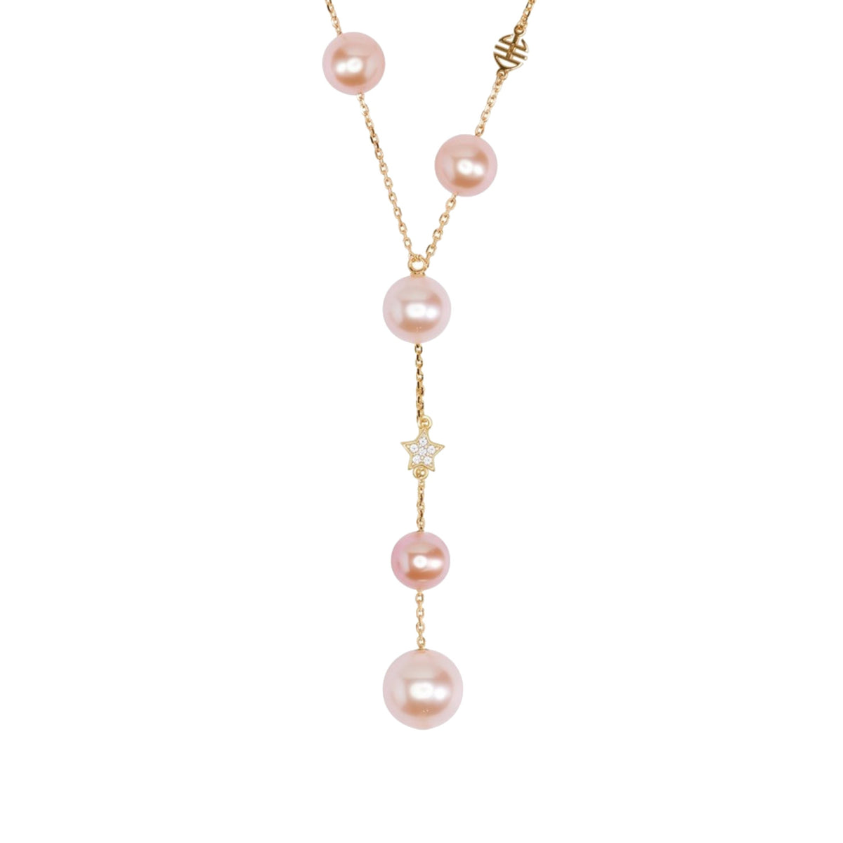 Collana a Y in oro giallo 9k con perle Freshwater rosa 6-9 mm e diamanti elemento — MIMÍ Milano