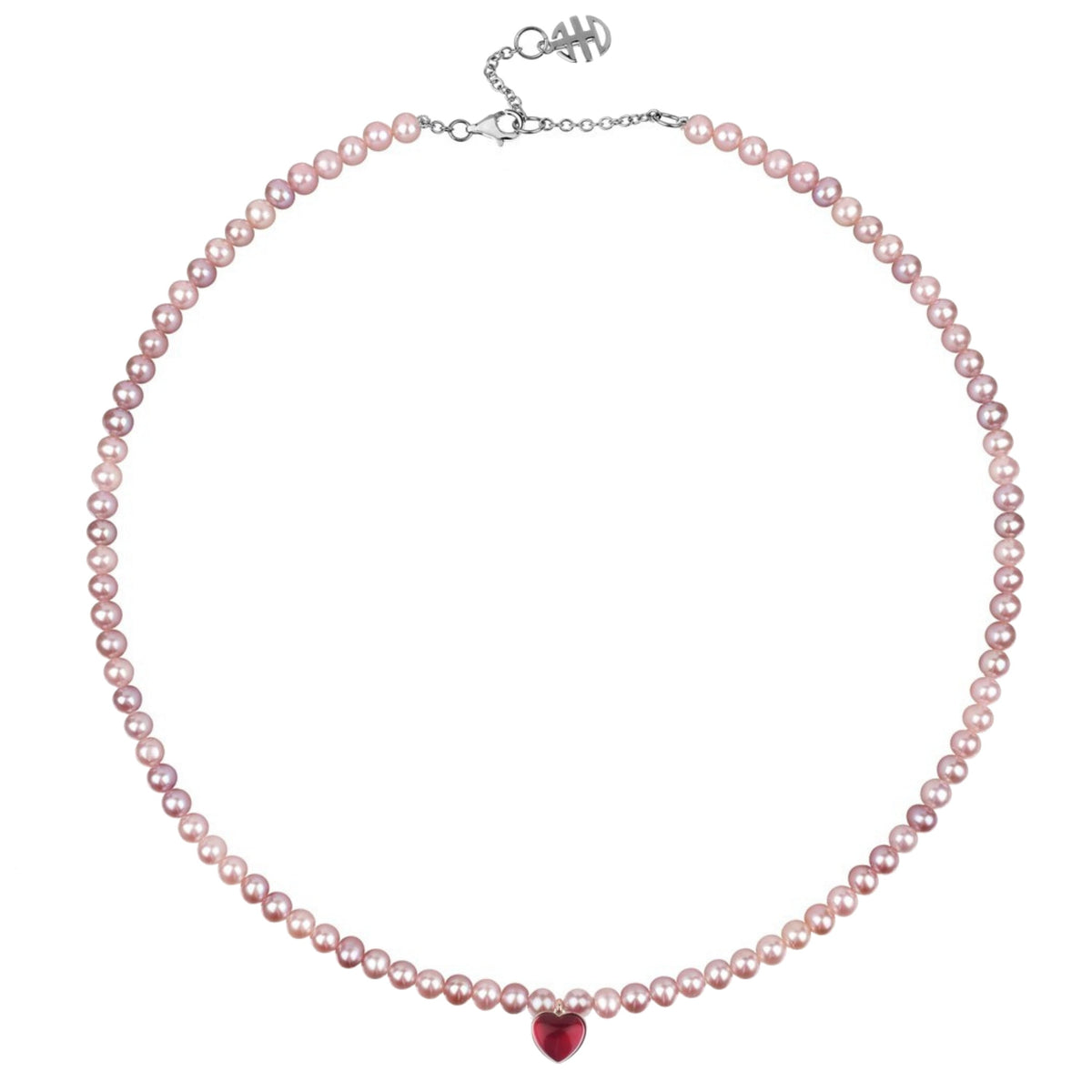 Collana doppio in argento 925 con perle Freshwater viola 4 mm e doppietta, madreperla cuore — MIMÍ Milano