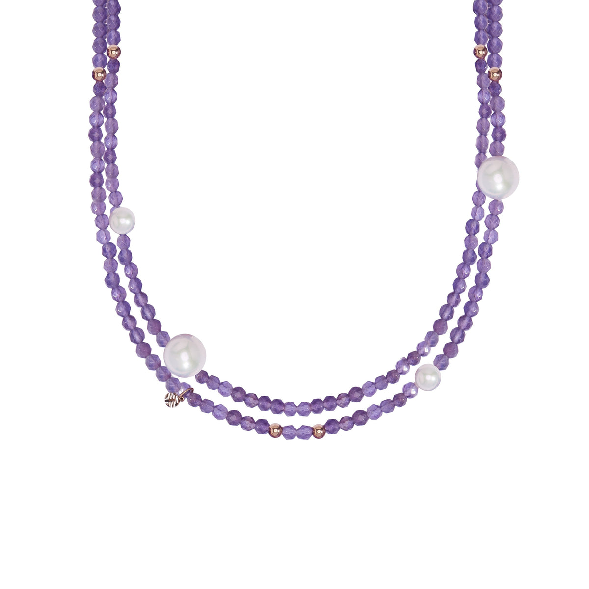 Collana in oro rosa 18k con perle Freshwater bianche 4-5 mm e ametista 110 cm — MIMÍ Milano