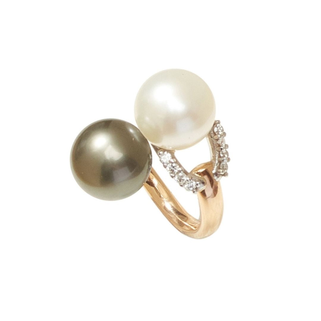 MIMI Anello Oro Rosa Contrarié con Perle South Sea 12 mm e Diamanti perla nera