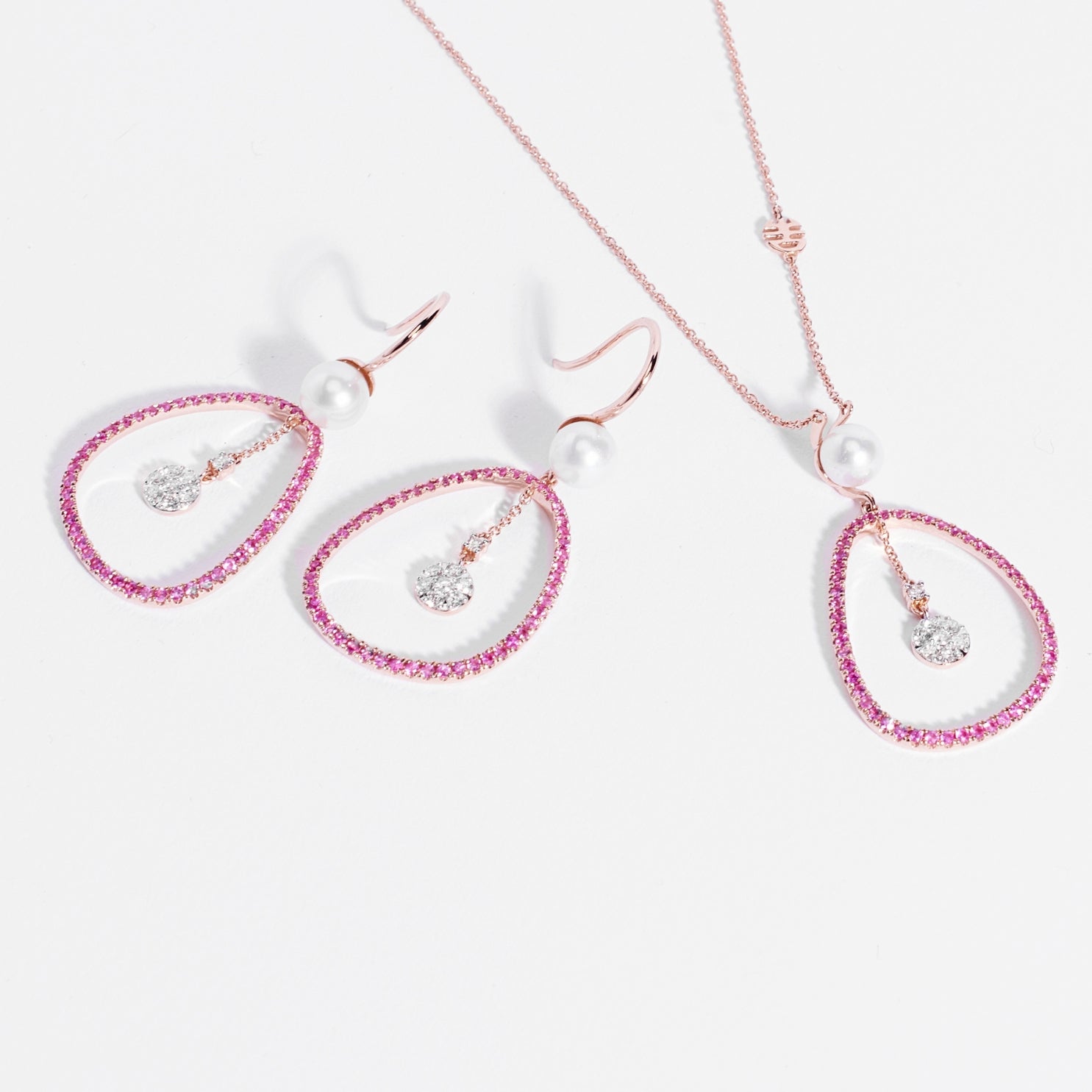 MIMI Orecchini Vivienne in oro rosa e bianco con perle Akoya, zaffiri rosa e diamanti