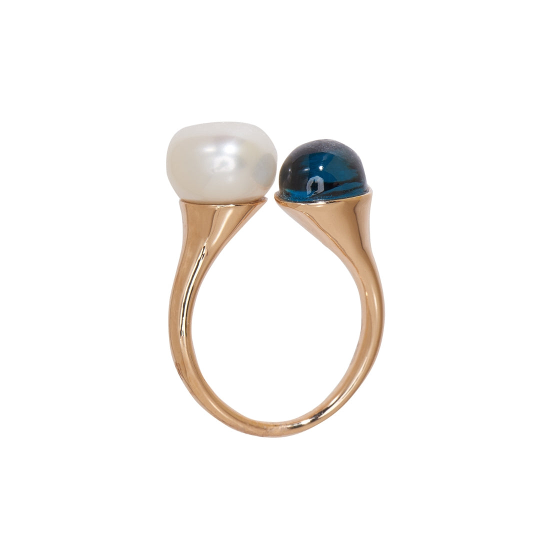 MIMI Anello Blanche in oro rosa con perla barocca bianca e topazio London blue