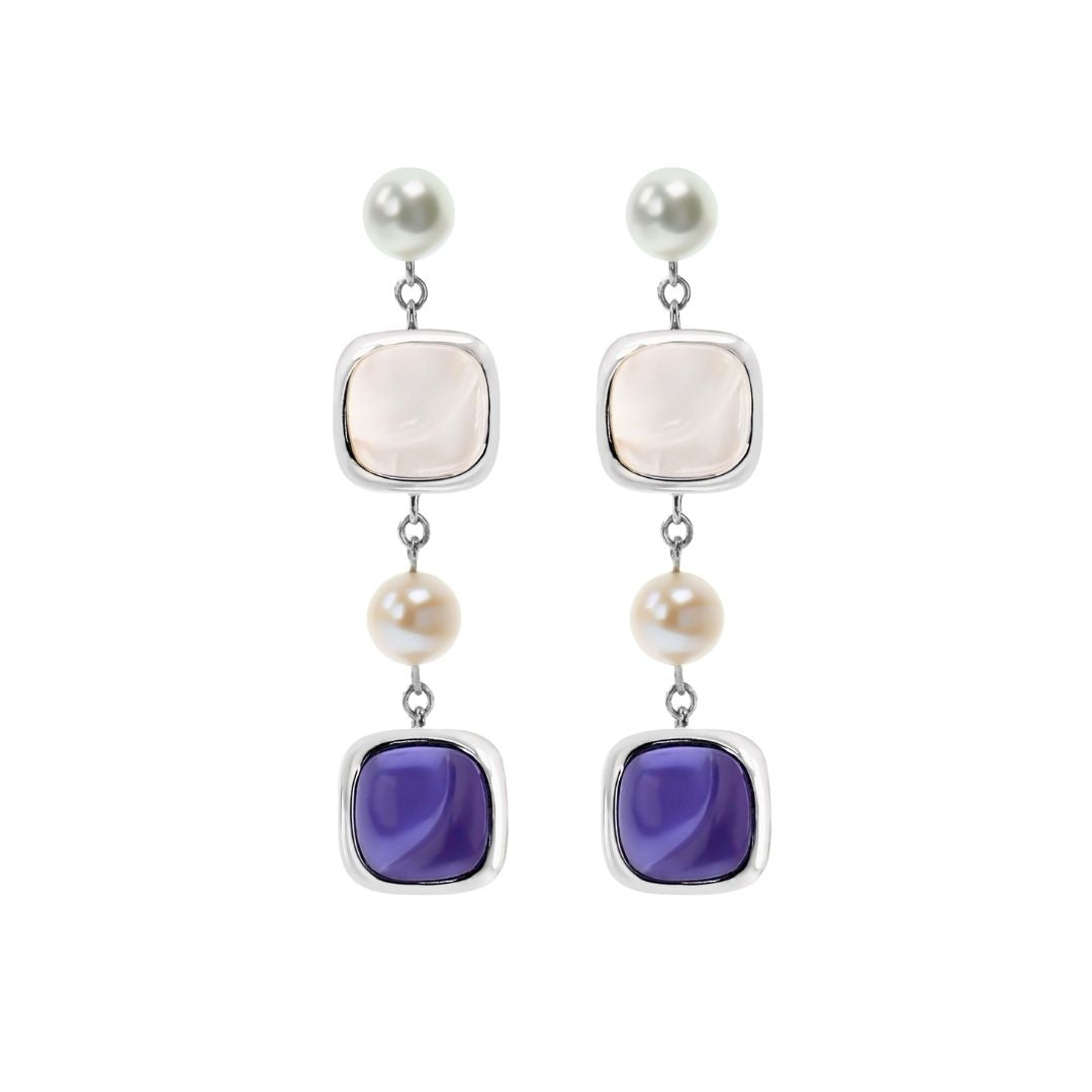 MIMI Orecchini Dune pendenti in argento con pietre bicolor e perle freshwater quarzo rosa