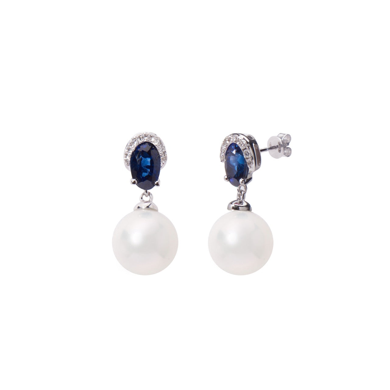 Orecchini in Oro Bianco, Diamanti, Perle Akoya e Zaffiri blu