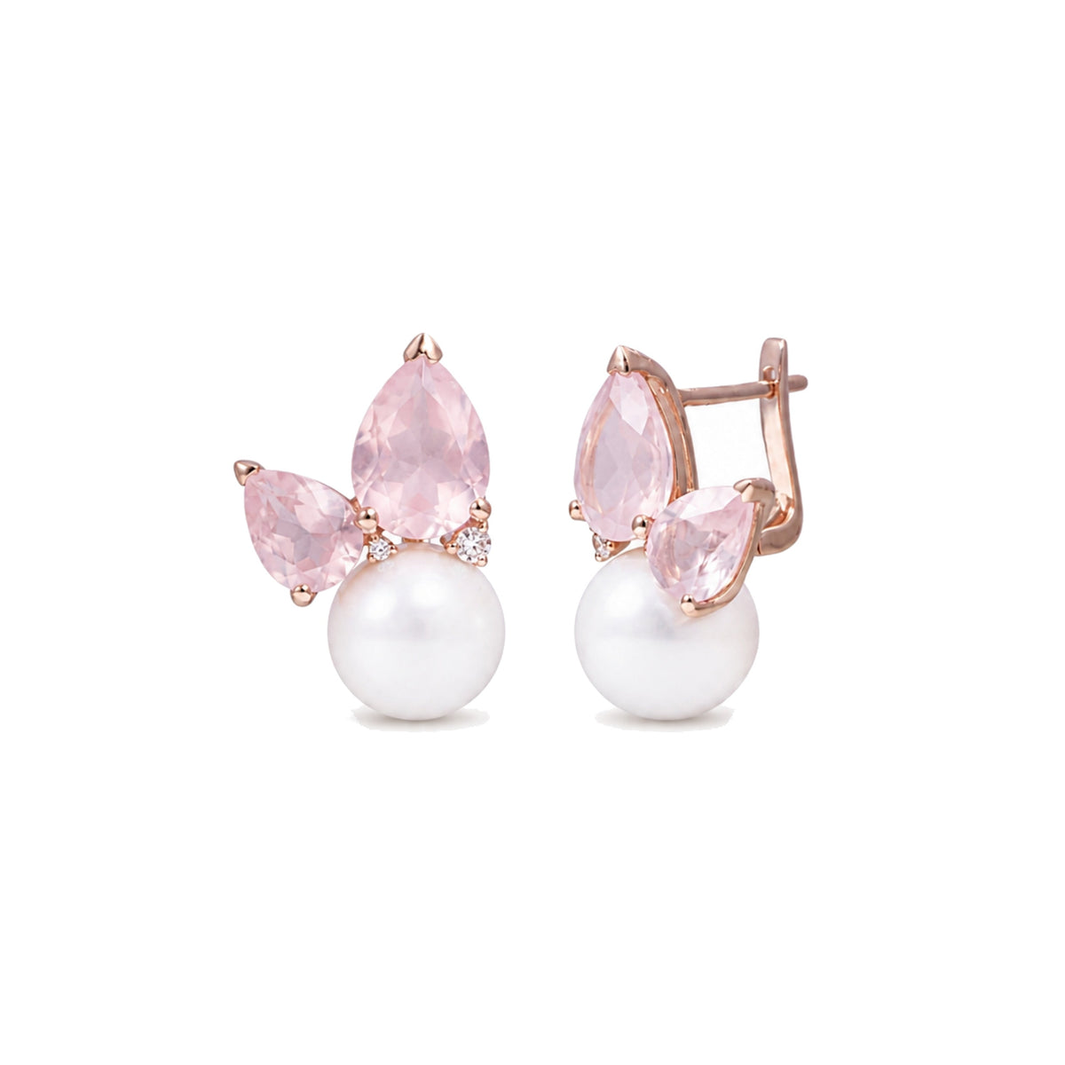 Orecchini Cocktail in oro rosa 18k con perle Freshwater bianche 11 mm e quarzo rosa e diamanti — MIMÍ Milano