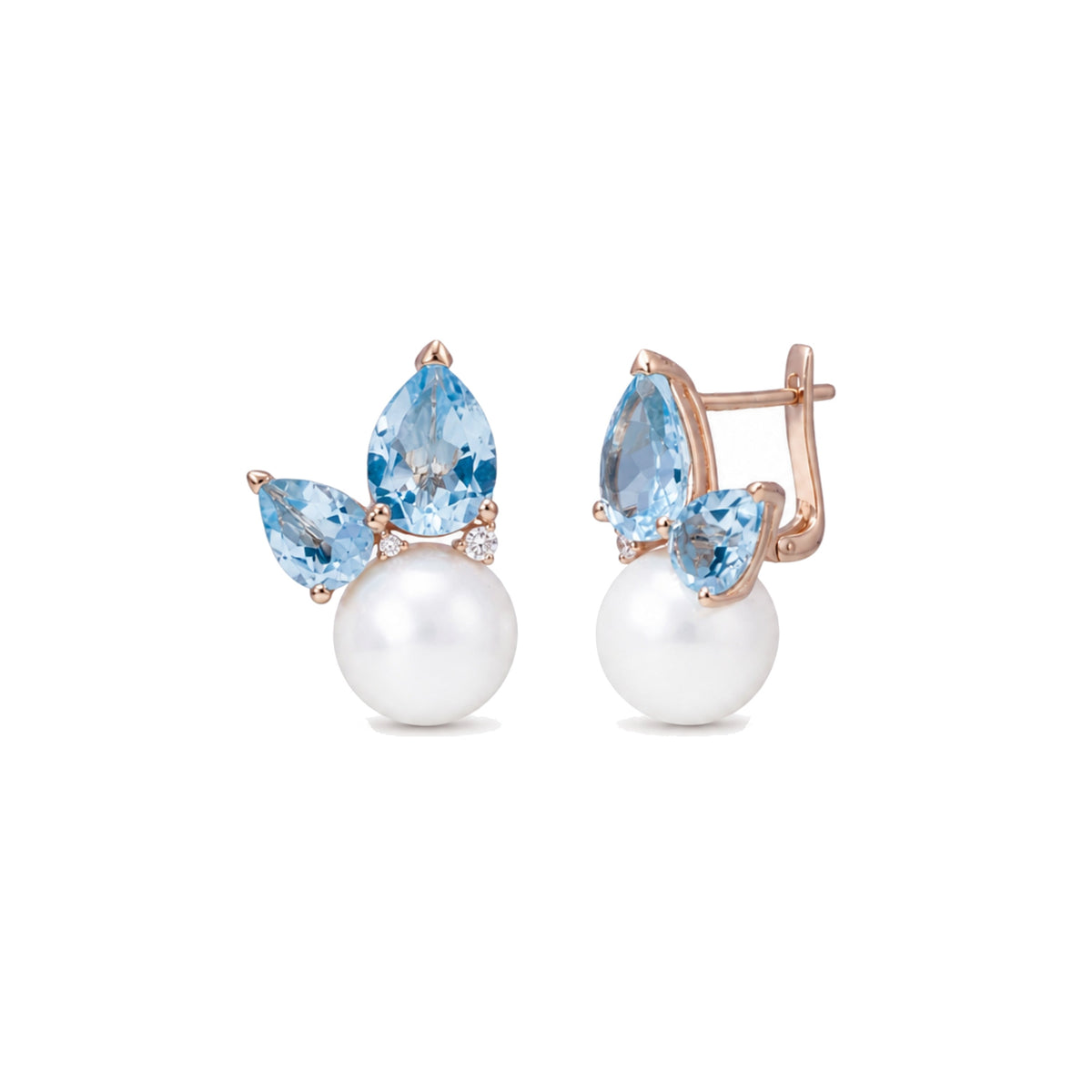 Orecchini Cocktail in oro rosa 18k con perle Freshwater bianche 11 mm e topazio azzurro e diamanti — MIMÍ Milano