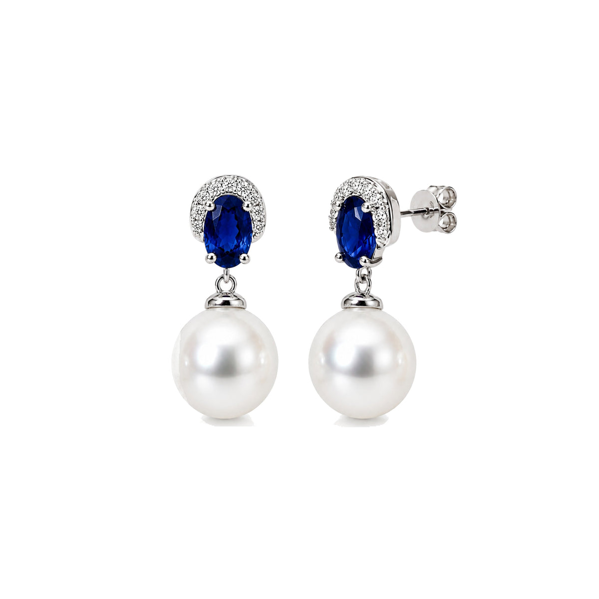 Orecchini in oro bianco 18k con perle Akoya bianche 7,5-8 mm e zaffiro e diamanti — MIMÍ Milano