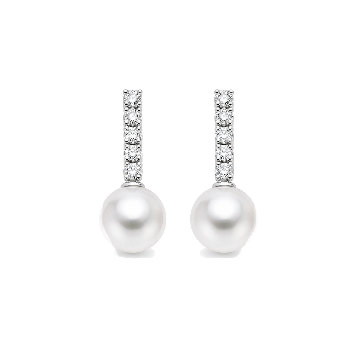 Orecchini in oro bianco 18k con perle Akoya bianche 7-7,5 mm e diamanti fiammifero — MIMÍ Milano