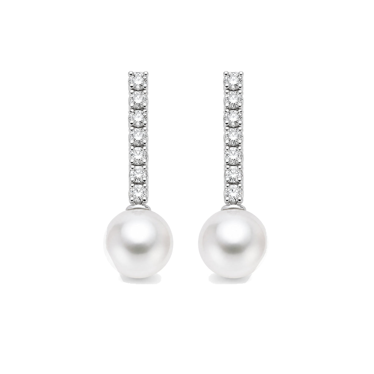 Orecchini in oro bianco 18k con perle Akoya bianche 7-7,5 mm e diamanti fiammifero — MIMÍ Milano