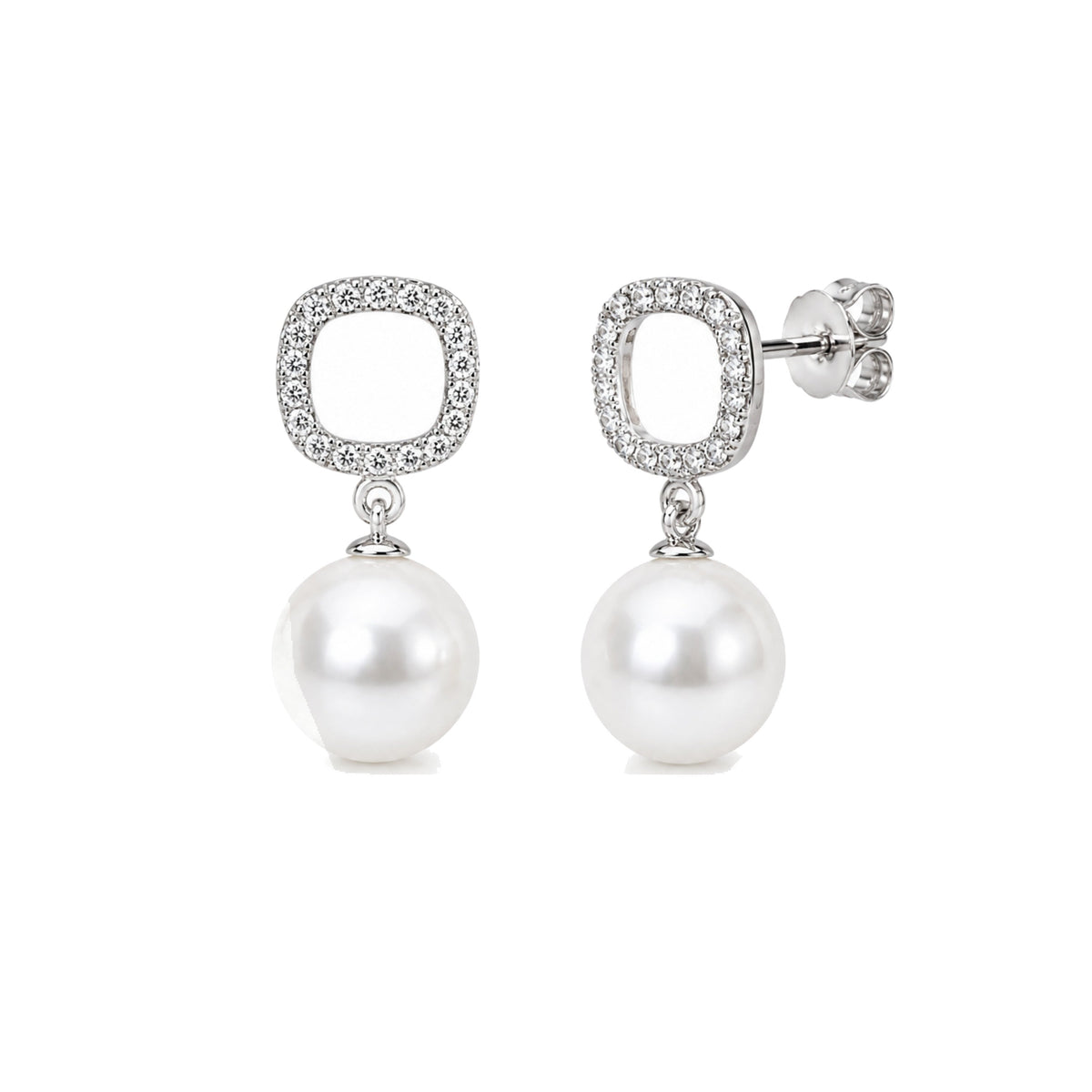 Orecchini in oro bianco 18k con perle Akoya bianche 9-9,5 mm e diamanti cushion — MIMÍ Milano