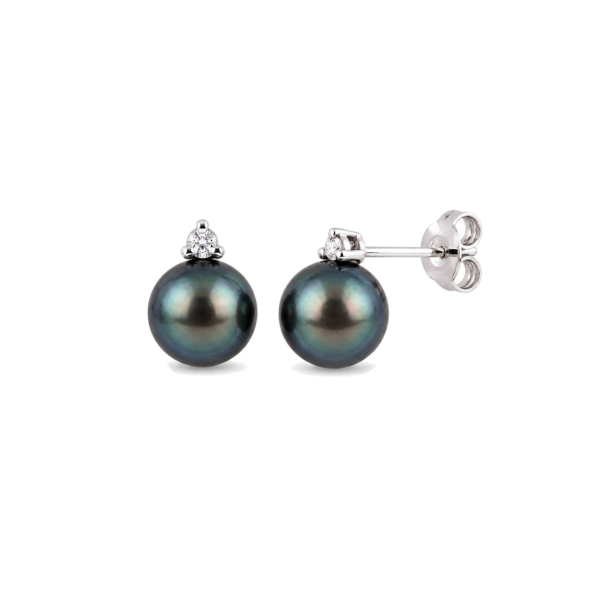 Orecchini in oro bianco 18k con perle South Sea nere 9-10 mm e diamanti e charm farfalla — MIMÍ Milano