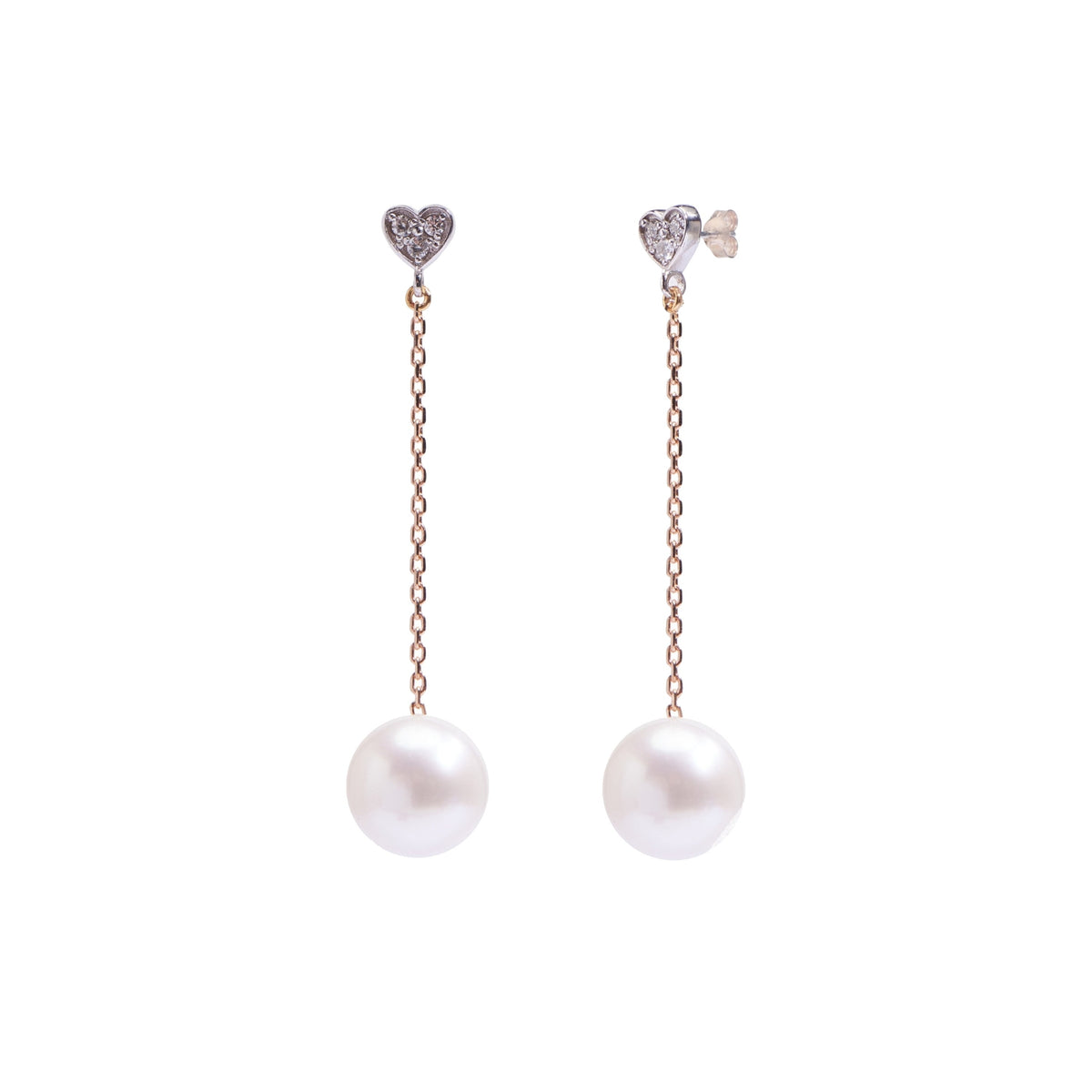 Orecchini in oro bianco e giallo 9k con perle Freshwater bianche 9 mm e diamanti elemento — MIMÍ Milano