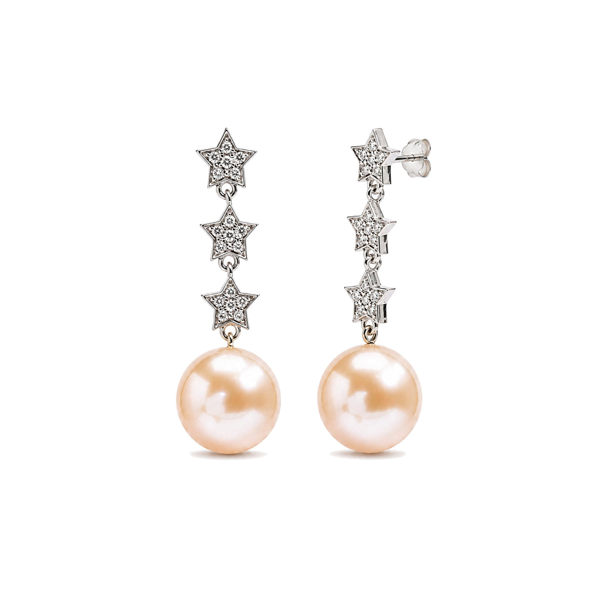 Orecchini in oro bianco e giallo 9k con perle Freshwater rosa 9-9,5 mm e diamanti elementi — MIMÍ Milano