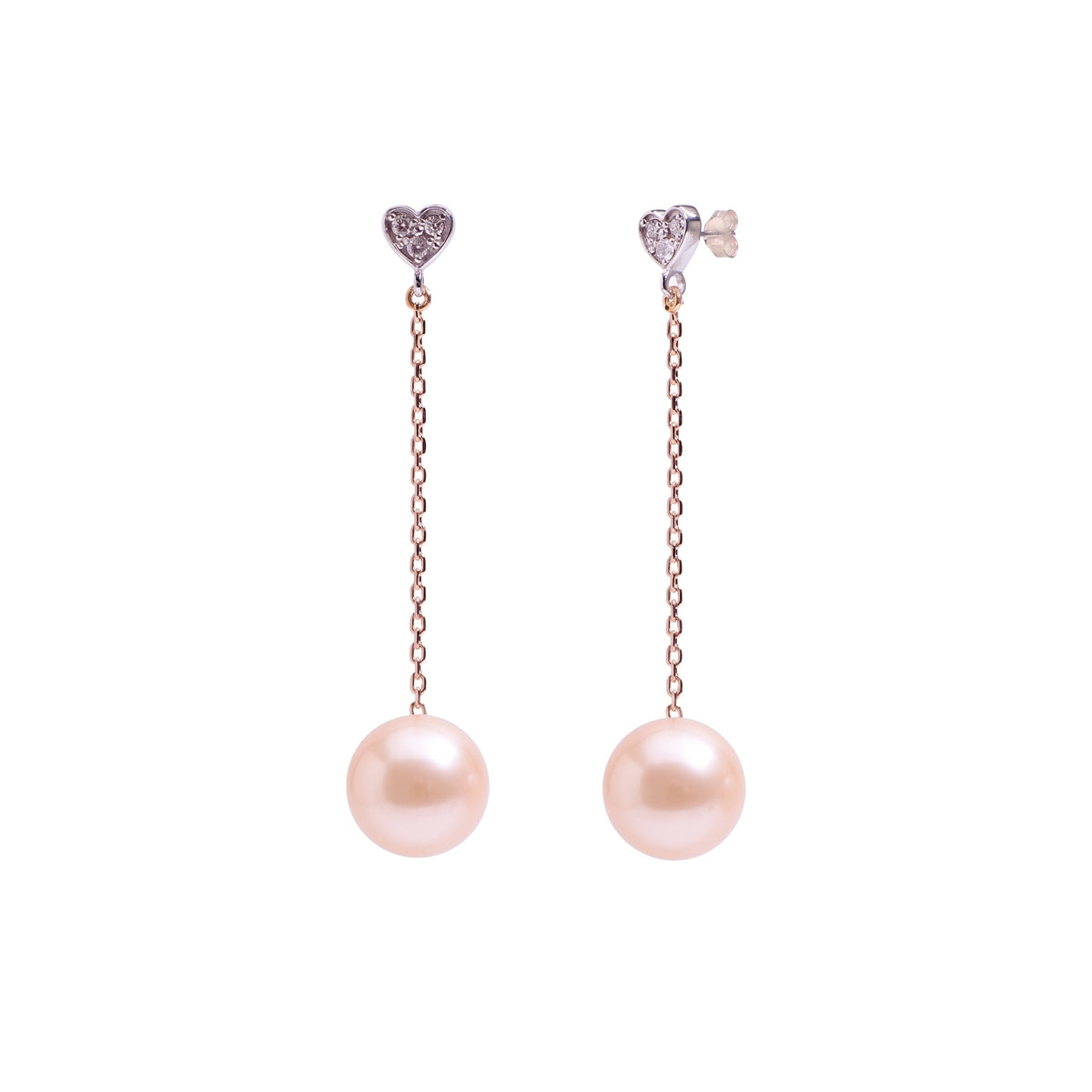 Orecchini in oro bianco e giallo 9k con perle Freshwater rosa 9 mm e diamanti elemento — MIMÍ Milano