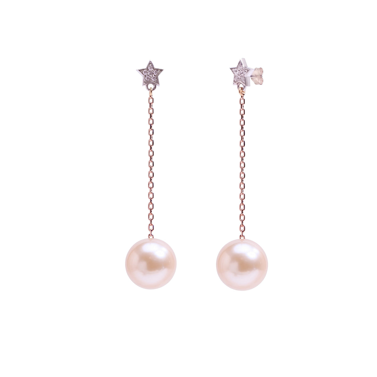 Orecchini in oro bianco e giallo 9k con perle Freshwater rosa 9 mm e diamanti elemento — MIMÍ Milano