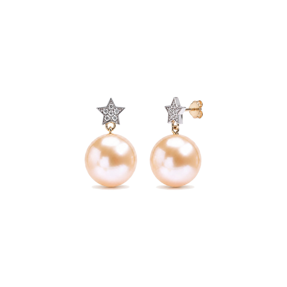 Orecchini in oro bianco e giallo 9k con perle Freshwater rosa 9 mm e diamanti elemento — MIMÍ Milano