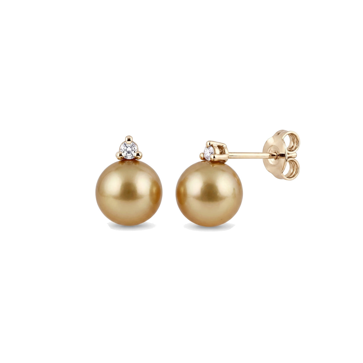 Orecchini in oro giallo 18k con perle South Sea gold e diamanti e charm farfalla — MIMÍ Milano — vista 2