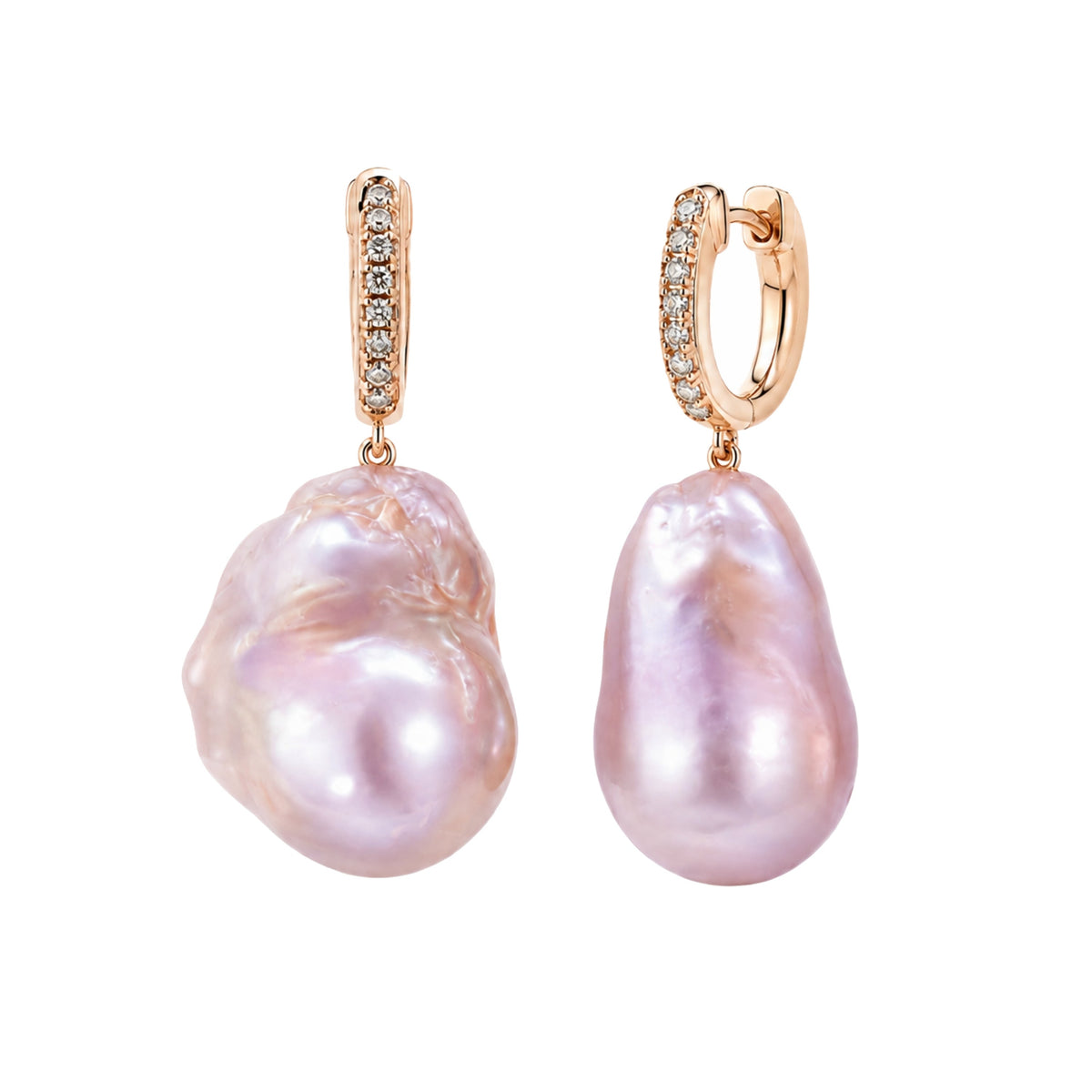 Orecchini in oro giallo 9k con perle barocche viola 14x20 mm e diamanti — MIMÍ Milano