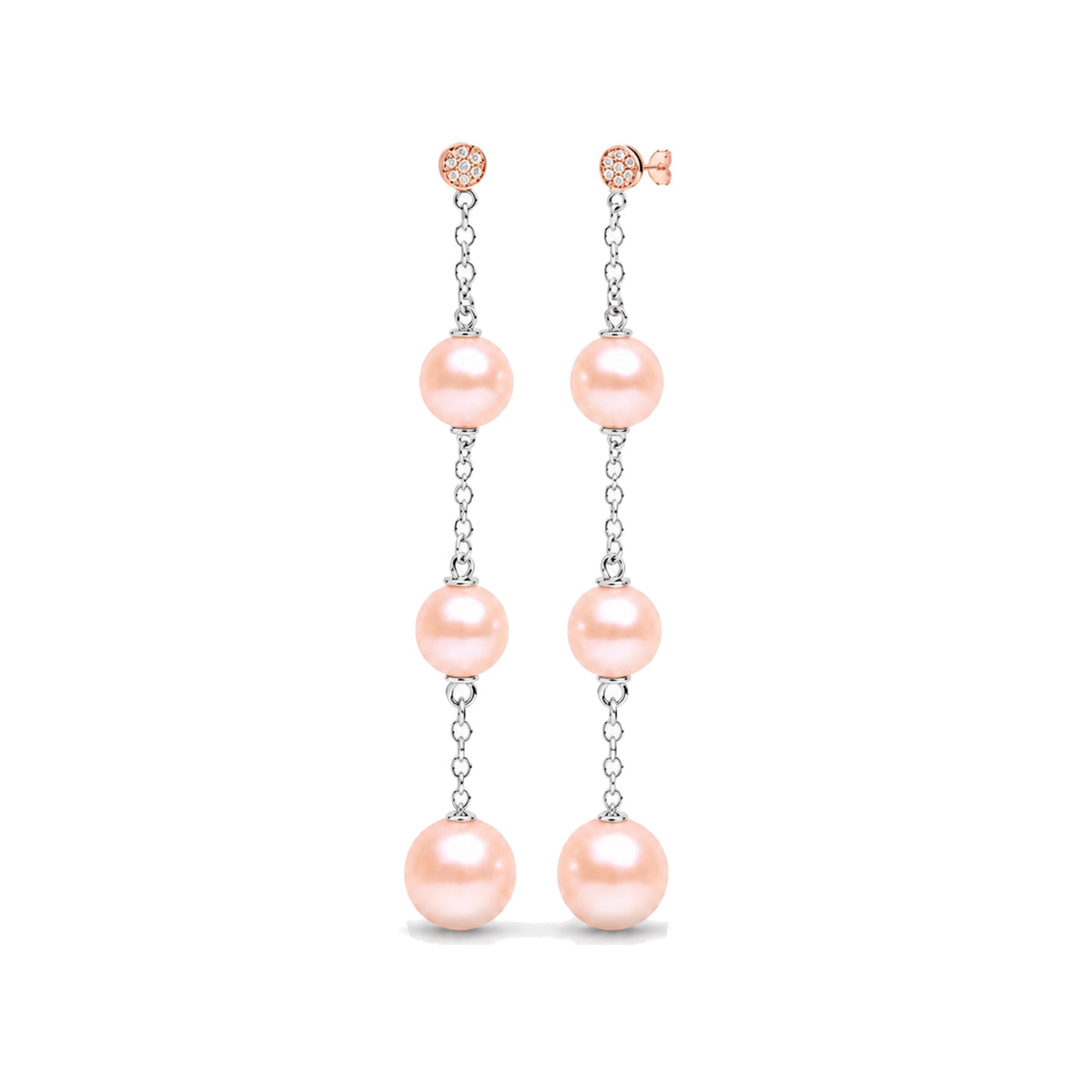 Orecchini in oro giallo 9k con perle Freshwater rosa 6-8 mm e diamanti — MIMÍ Milano