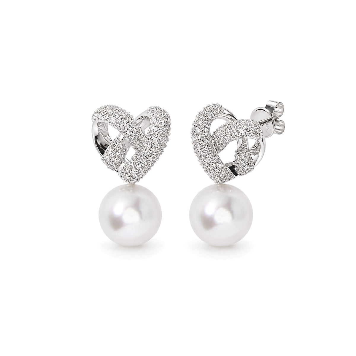 Orecchini Love Knot in oro bianco 18k con perle South Sea bianche 11 mm e diamanti perno — MIMÍ Milano