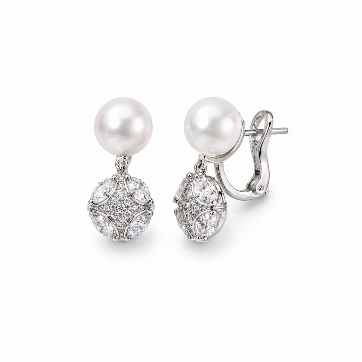 Orecchini Milano in oro bianco 18k con perle South Sea bianche 11-12 mm e diamanti — MIMÍ Milano