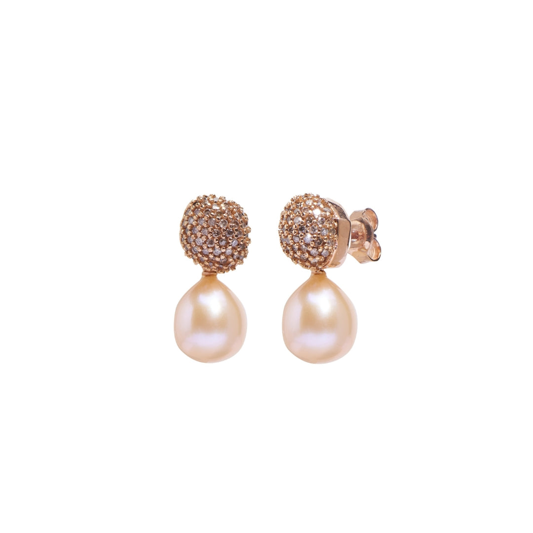 MIMI Orecchini in oro rosa con perla barocca rosa e diamanti brown