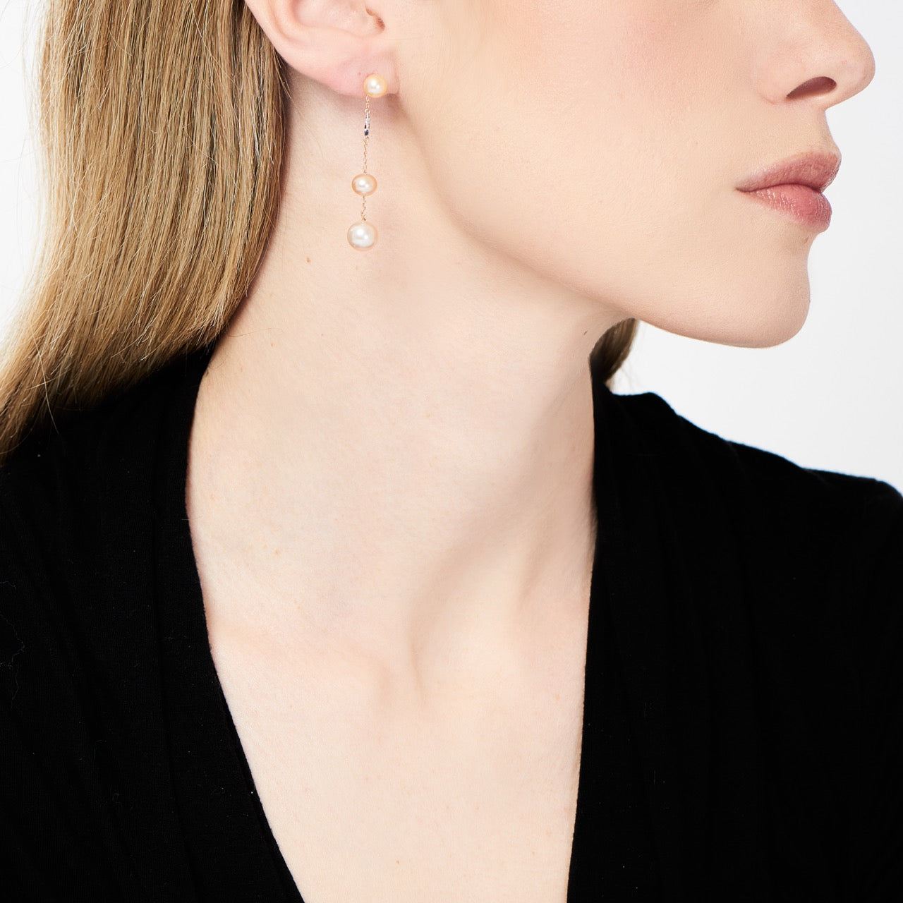 MIMI Orecchini pendenti con 3 perle rosa e stelle di diamanti