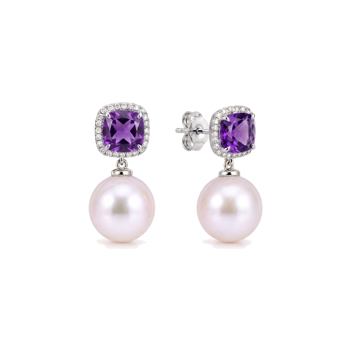Orecchini Shanti in oro bianco 18k con perle Freshwater 11 mm e ametista e diamanti — MIMÍ Milano