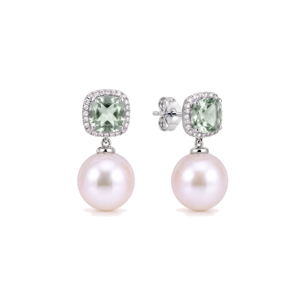 Orecchini Shanti in oro bianco 18k con perle Freshwater 11 mm e prasiolite, iolite e diamanti — MIMÍ Milano