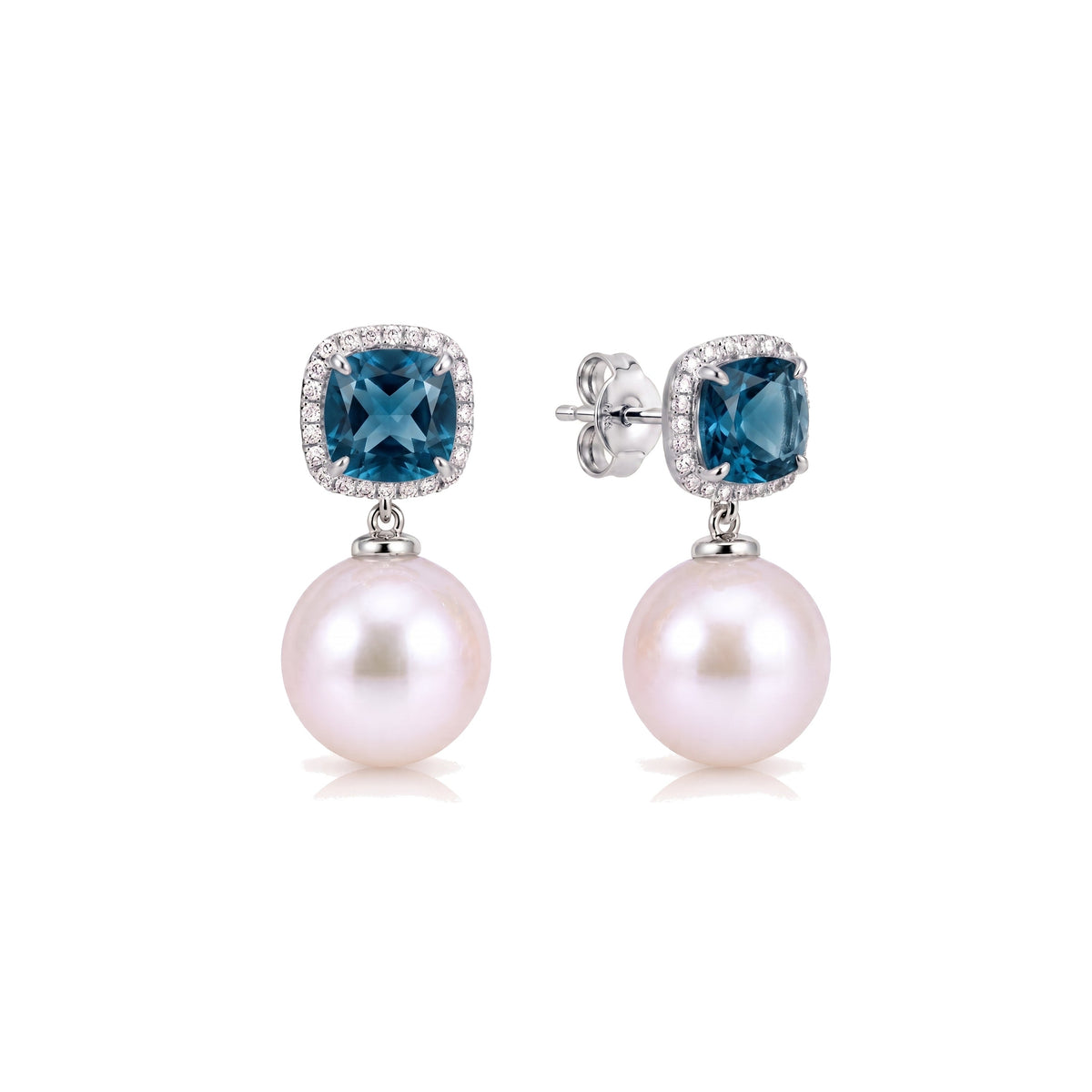 Orecchini Shanti in oro bianco 18k con perle Freshwater 11 mm e topazio e diamanti — MIMÍ Milano