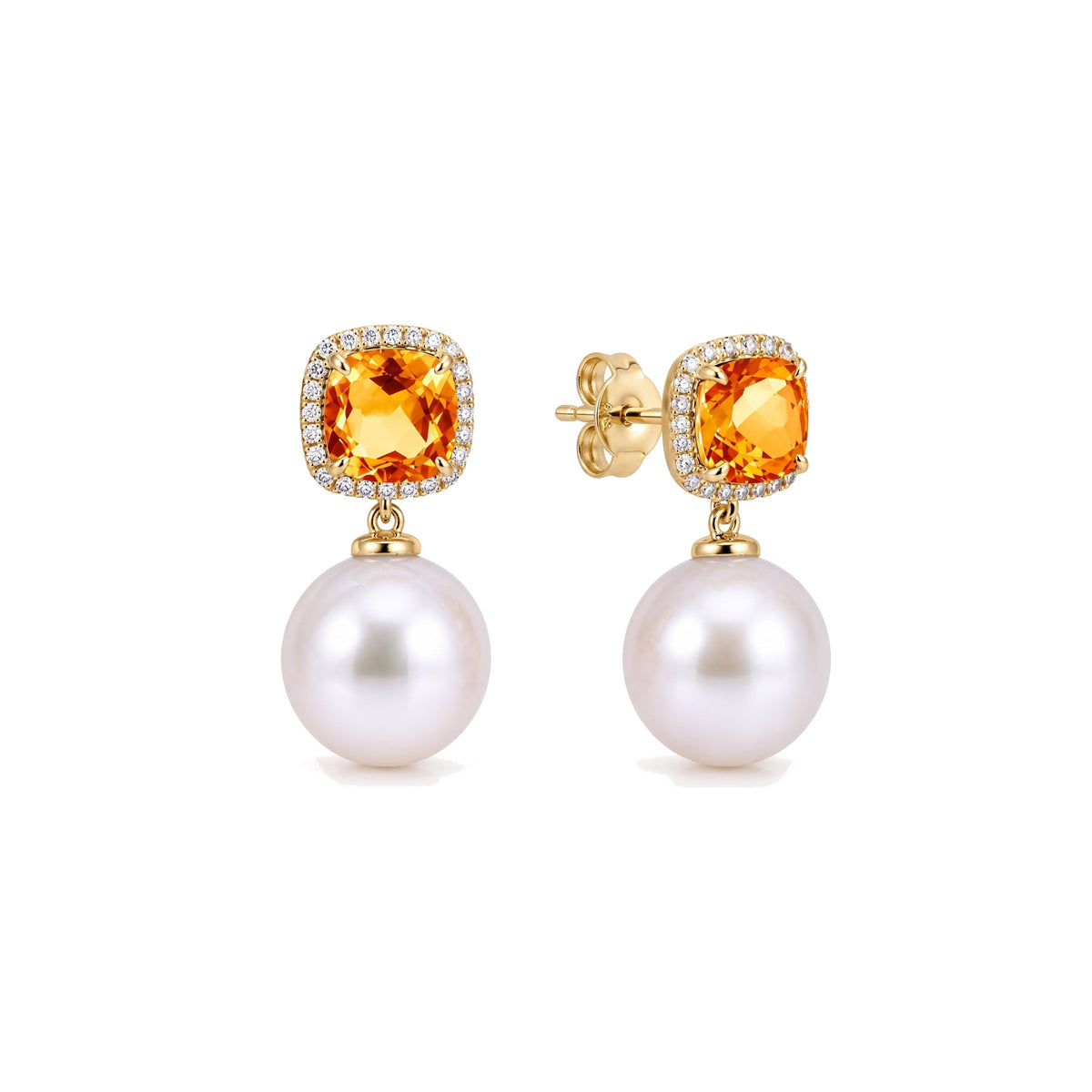 Orecchini Shanti in oro giallo 18k con perle Freshwater 11 mm e citrino e diamanti — MIMÍ Milano