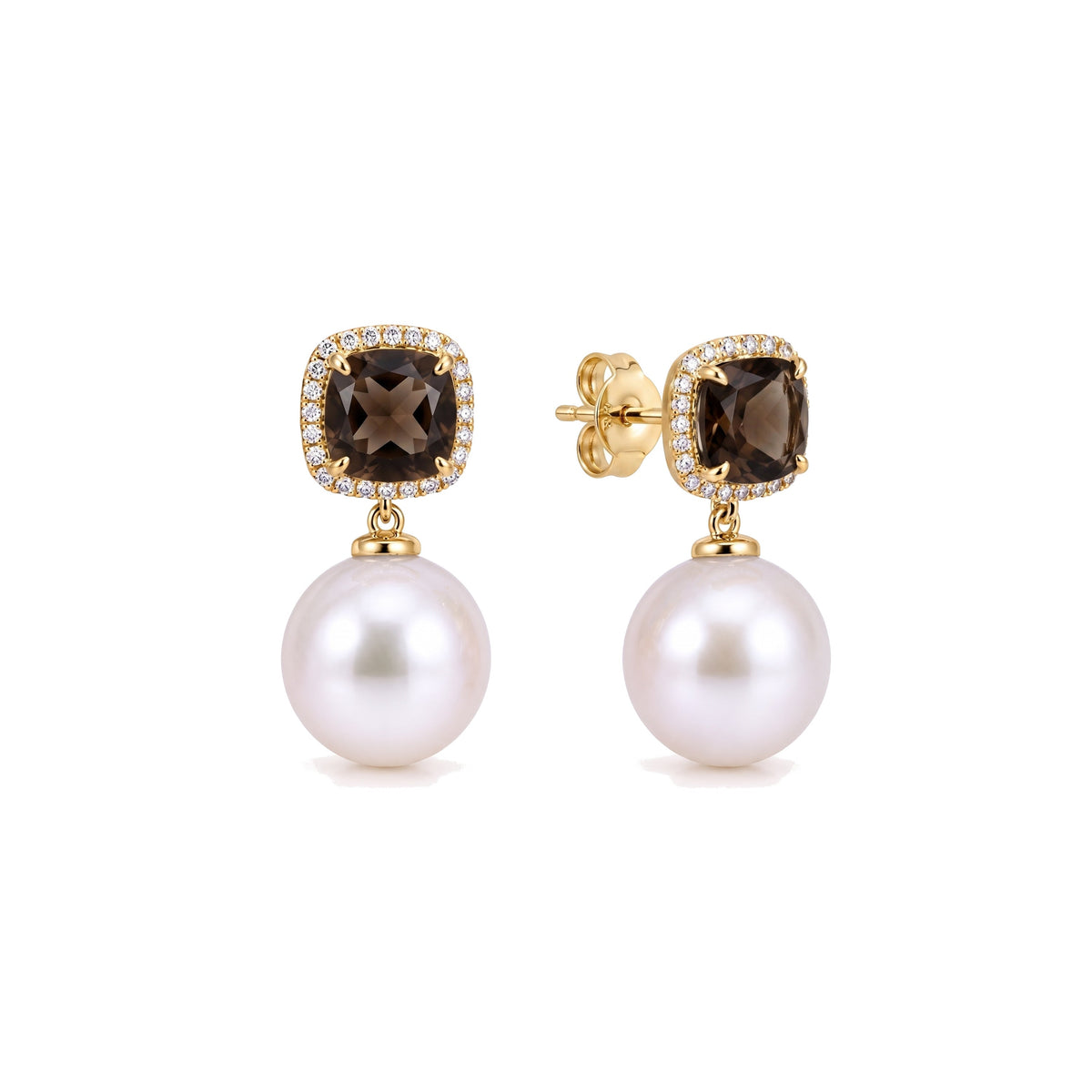 Orecchini Shanti in oro giallo 18k con perle Freshwater 11 mm e diamanti quarzi — MIMÍ Milano