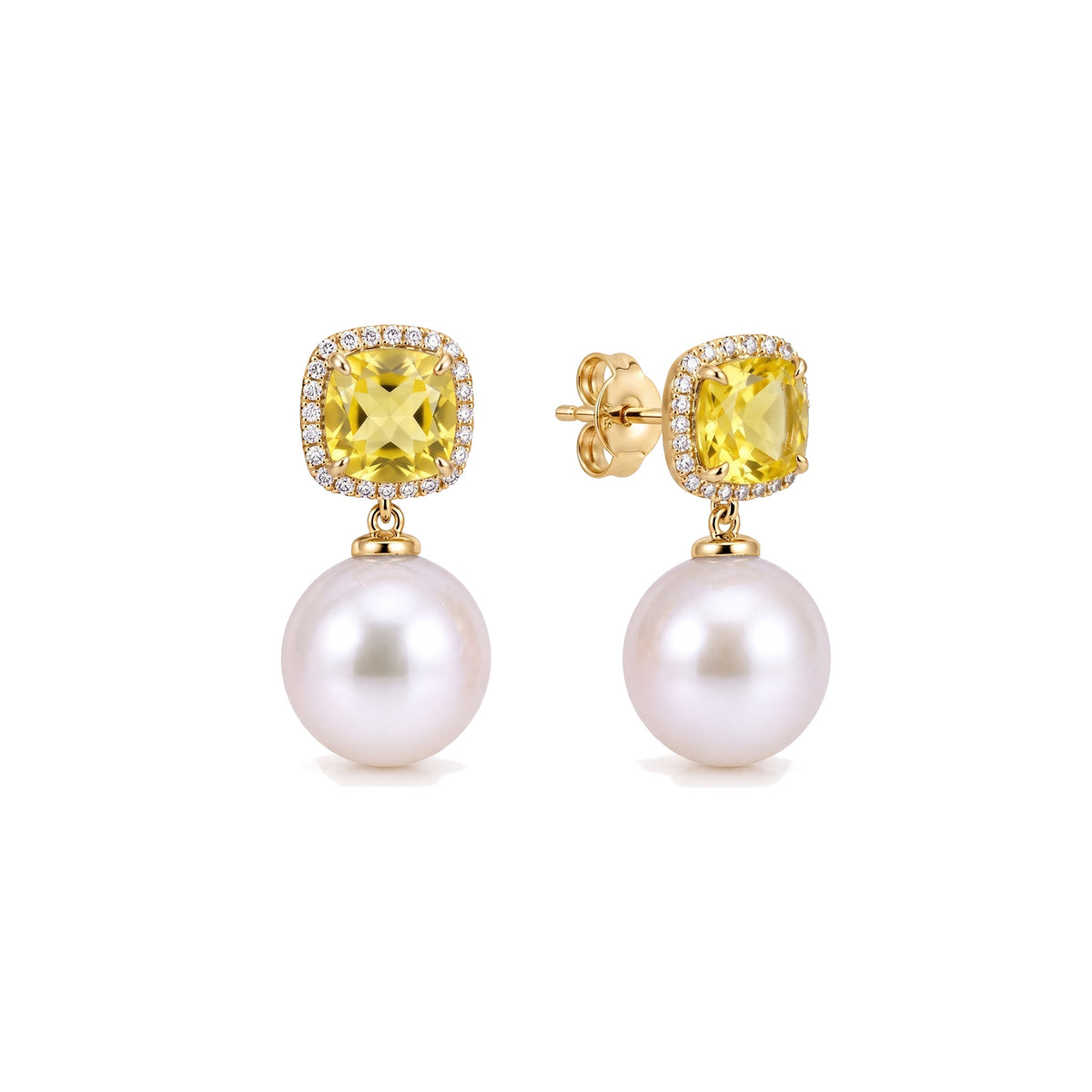 Orecchini Shanti in oro giallo 18k con perle Freshwater 11 mm e diamanti quarzi — MIMÍ Milano