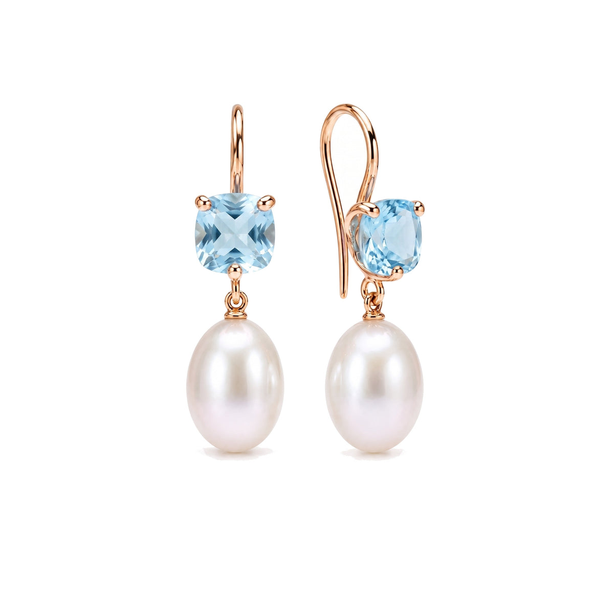 Orecchini Shanti in oro rosa 18k con perle Freshwater bianche 8-8 mm e topazio azzurro — MIMÍ Milano