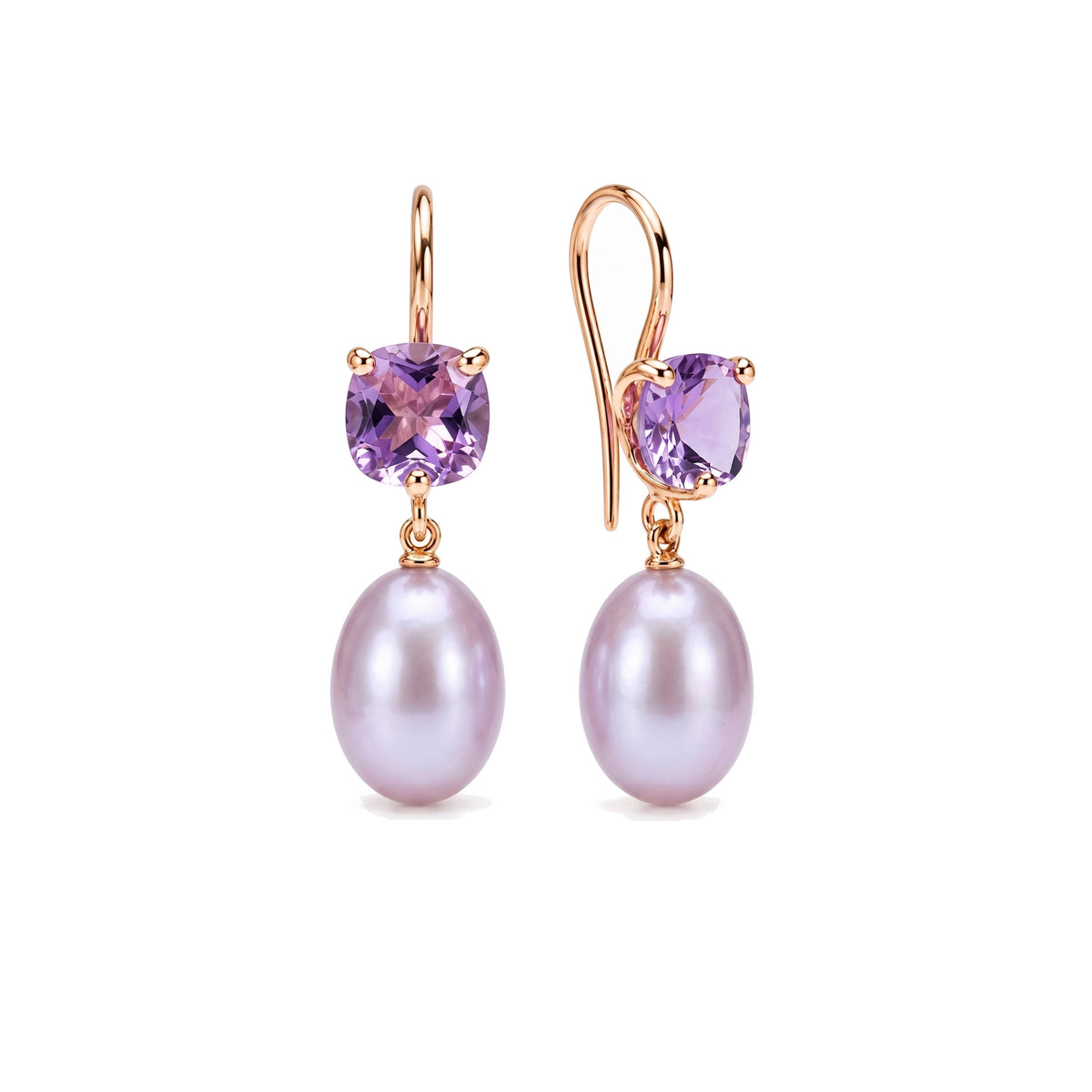 Orecchini Shanti in oro rosa 18k con perle Freshwater viola 8-8 mm e ametista — MIMÍ Milano