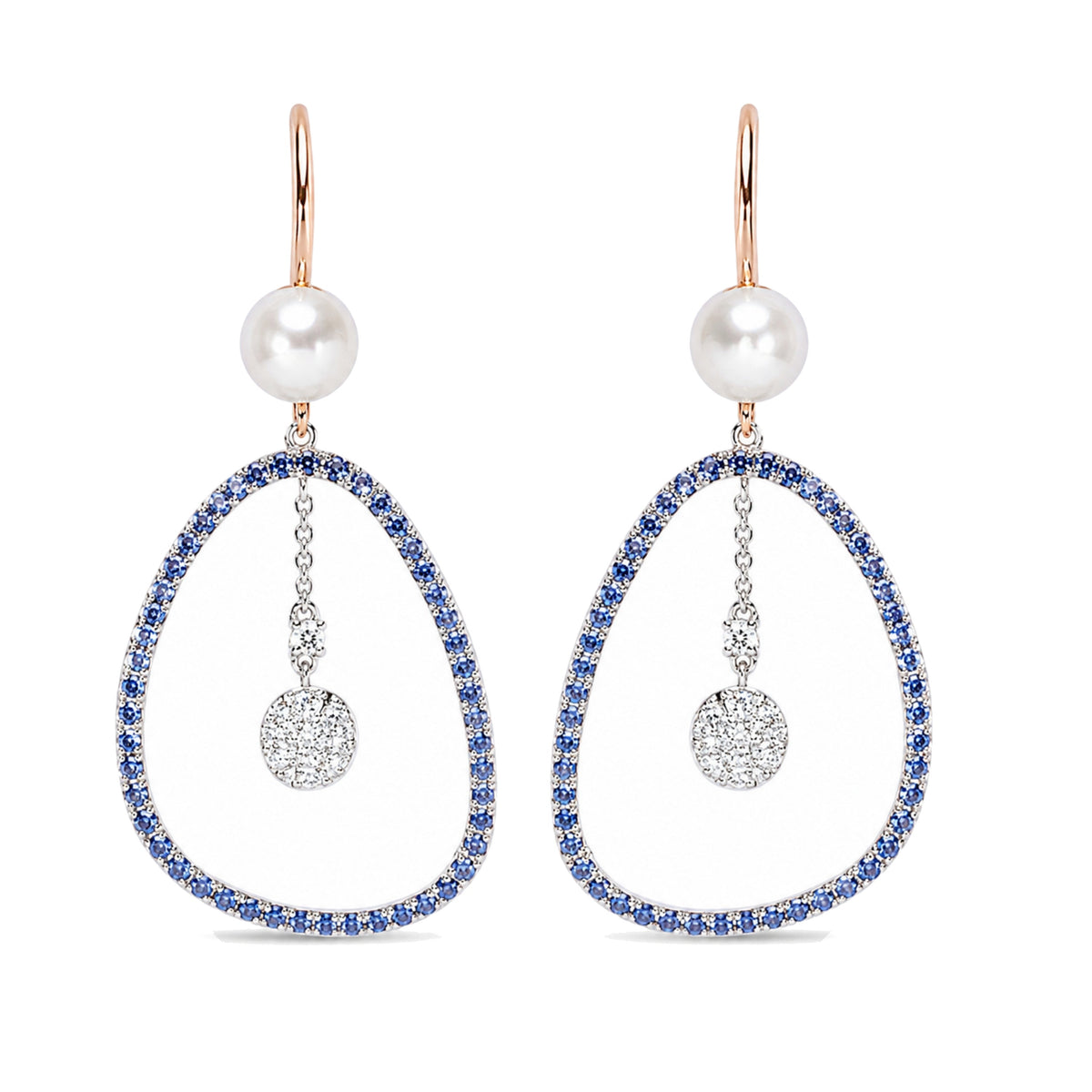 Orecchini Vivienne in oro rosa 18k con perle Akoya bianche 5,5-6 mm e zaffiro e diamanti — MIMÍ Milano