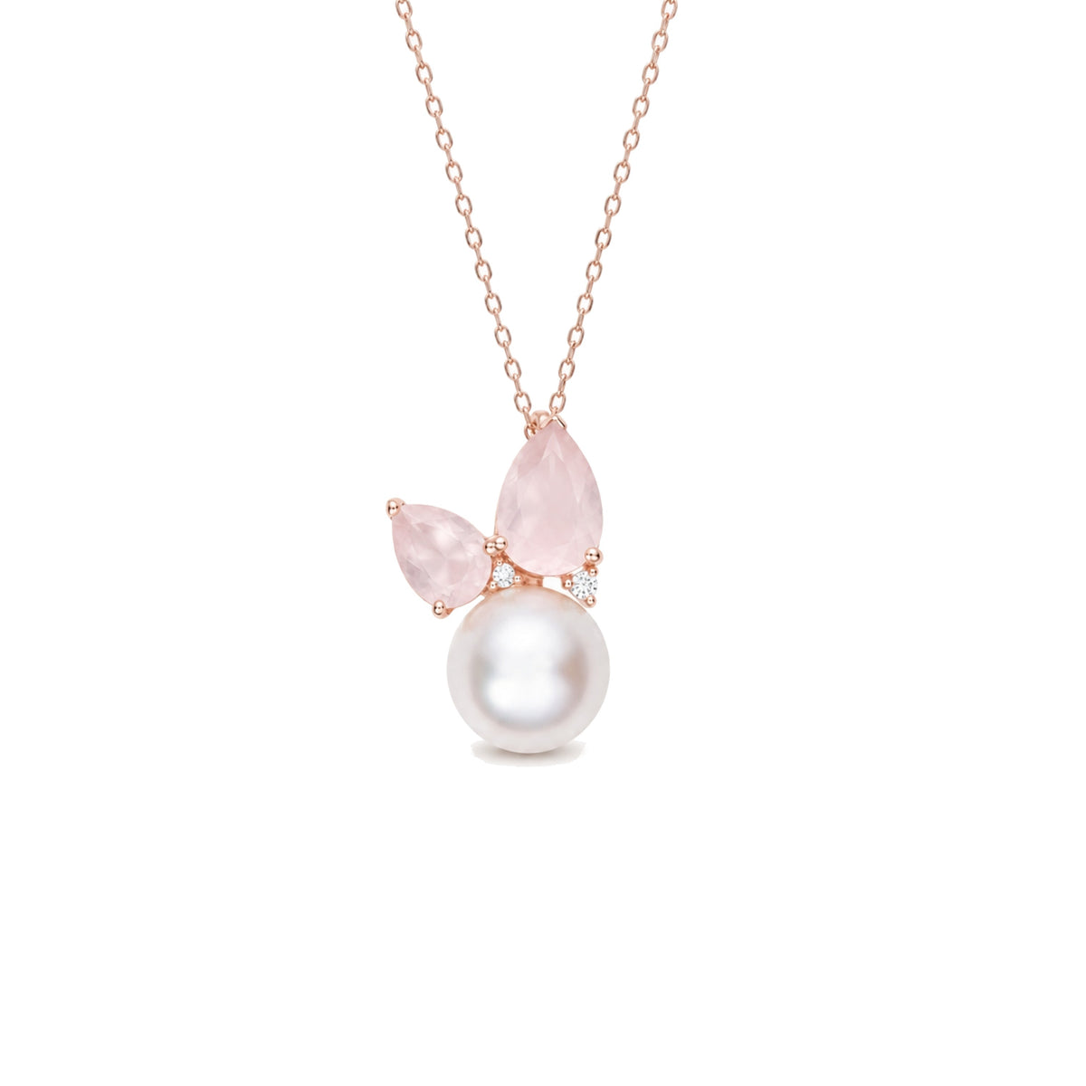 Pendente Cocktail in oro rosa 18k con perla Freshwater bianca 11 mm e quarzo rosa e diamanti — MIMÍ Milano