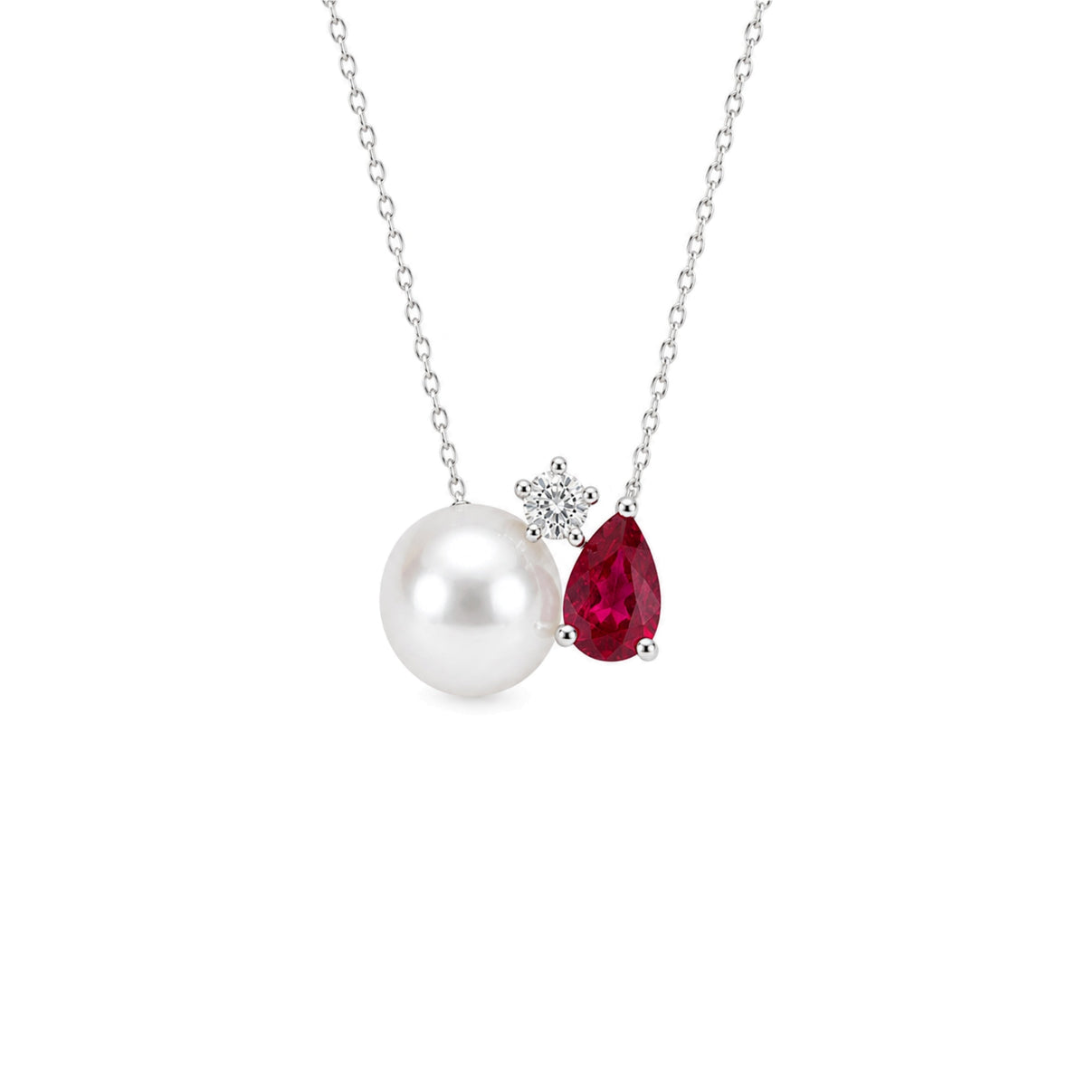 Pendente in oro bianco 18k con perla Akoya bianca 7-7,5 mm e rubino e diamanti — MIMÍ Milano