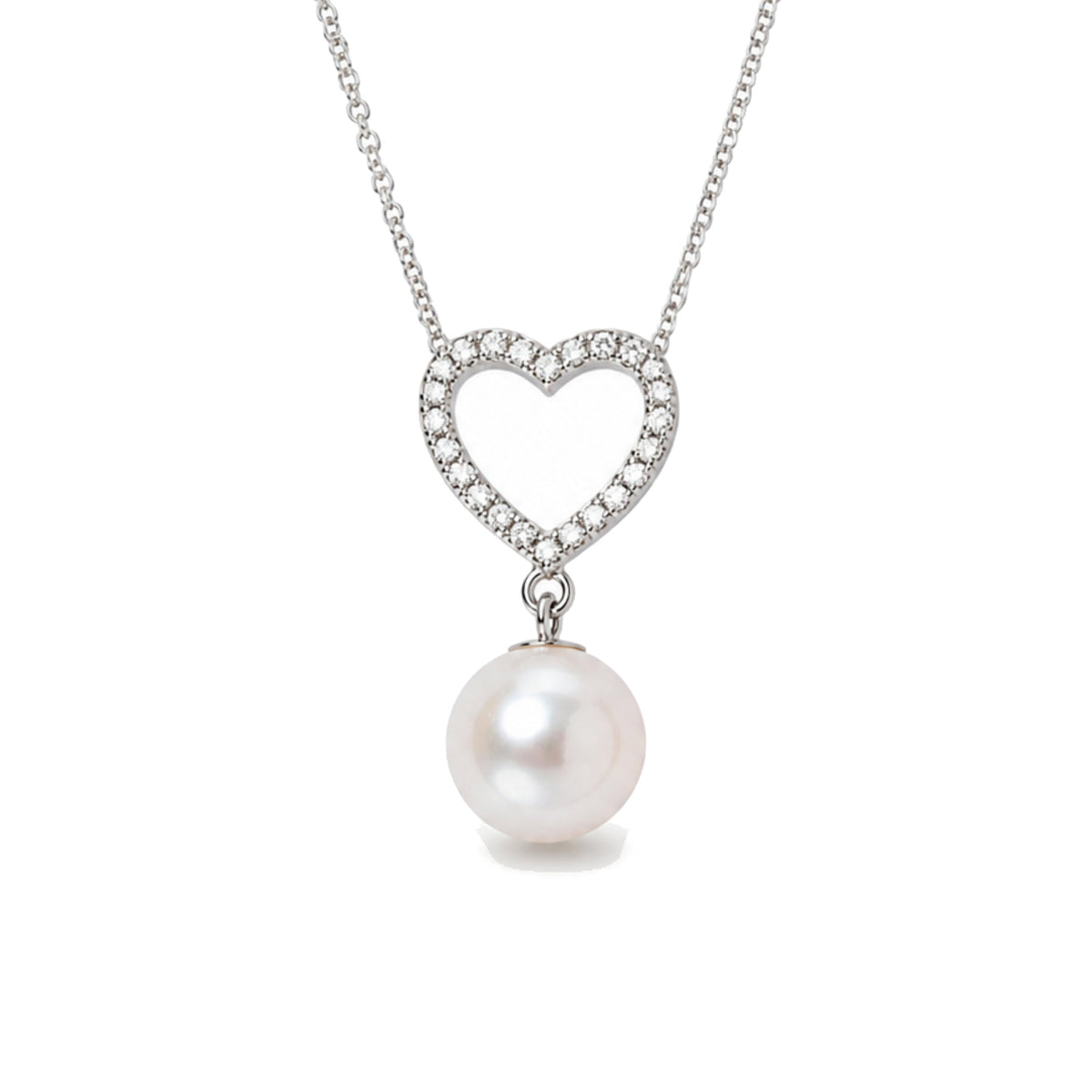 Pendente in oro bianco 18k con perla Akoya bianca 9-9,5 mm e diamanti cuore — MIMÍ Milano