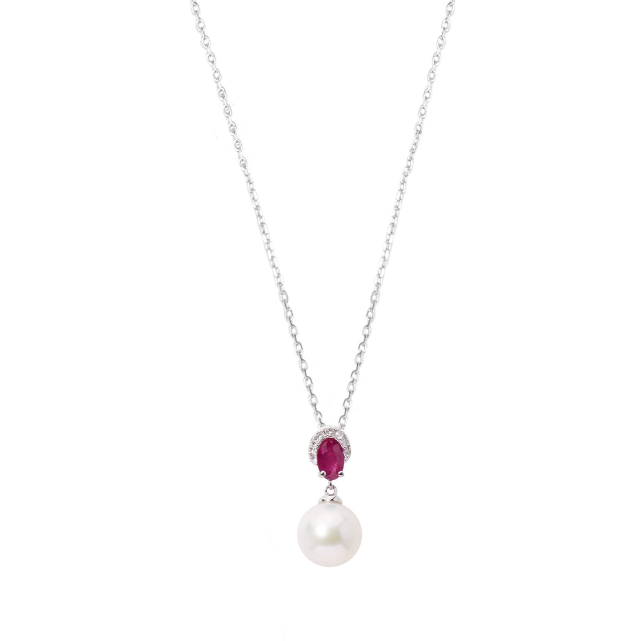 Colgante en oro blanco con diamantes, perla Akoya y rubí talla oval